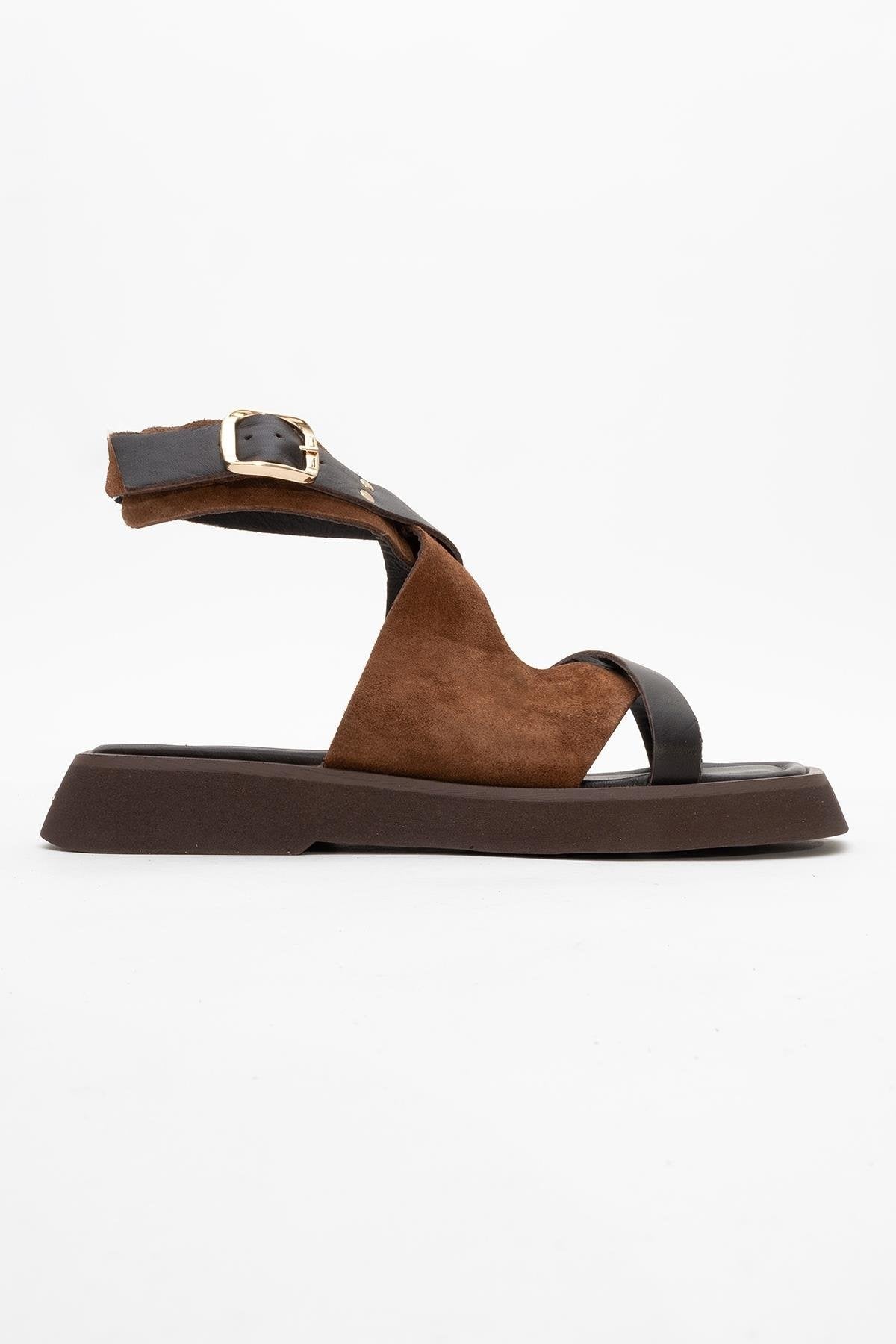 Minnea - Brown Suede Leather Sandal – top view showing leather, suede, Vowalisse