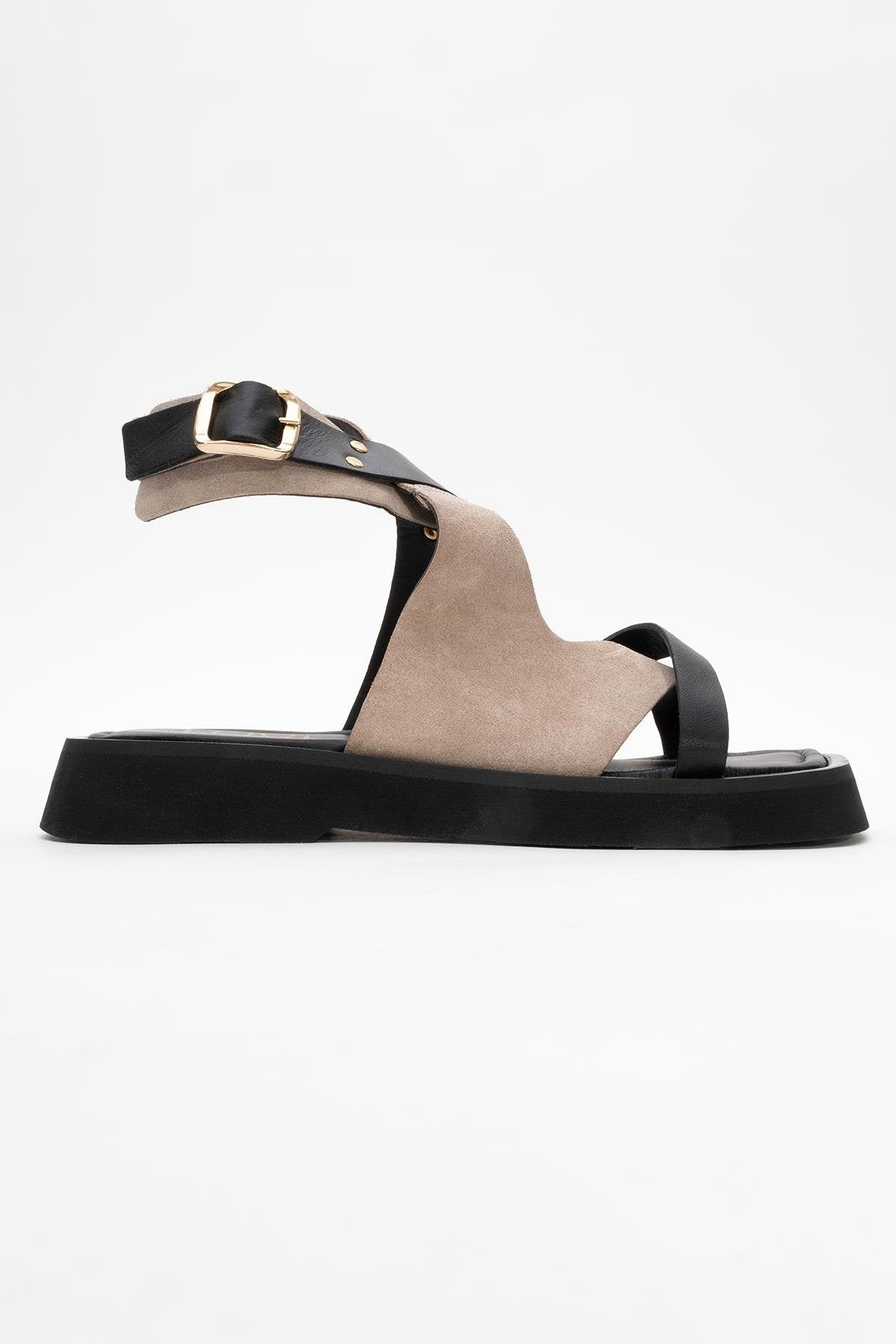 Minnea - Beige Suede Leather Sandal – top view showing leather, suede, Vowalisse
