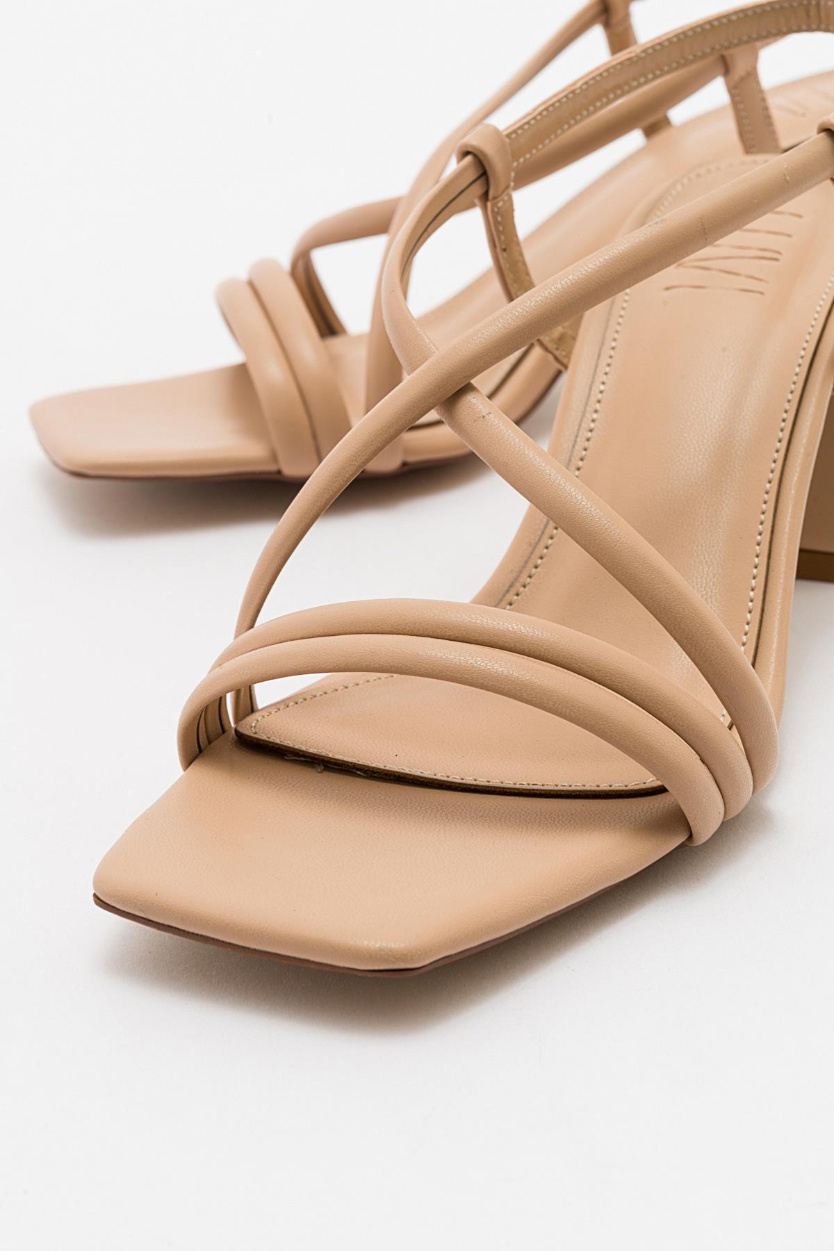 Daisy - Taupe Heeled Shoe – detail view showing leather, Vowalisse