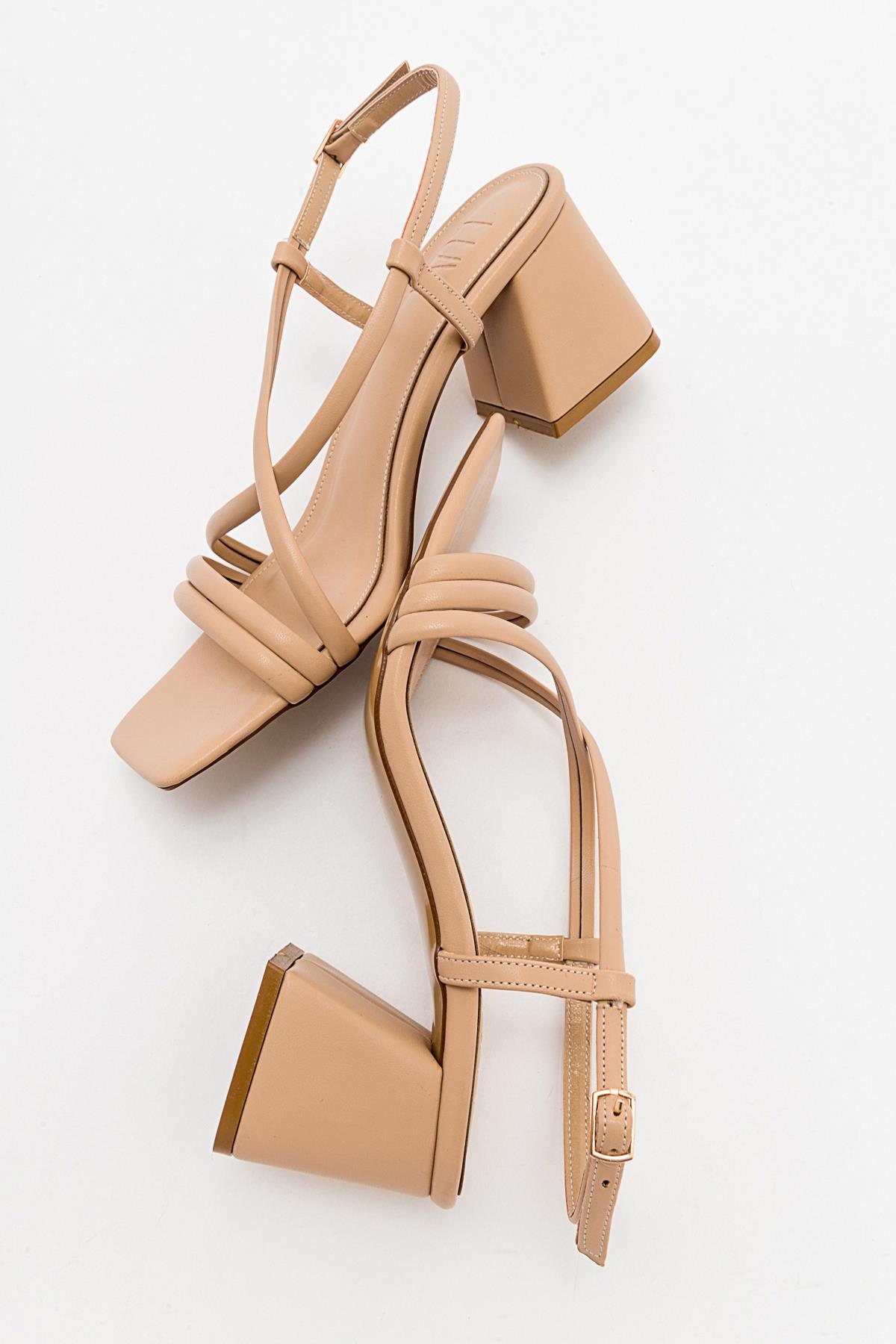 Daisy - Taupe Heeled Shoe – heel view showing leather, Vowalisse