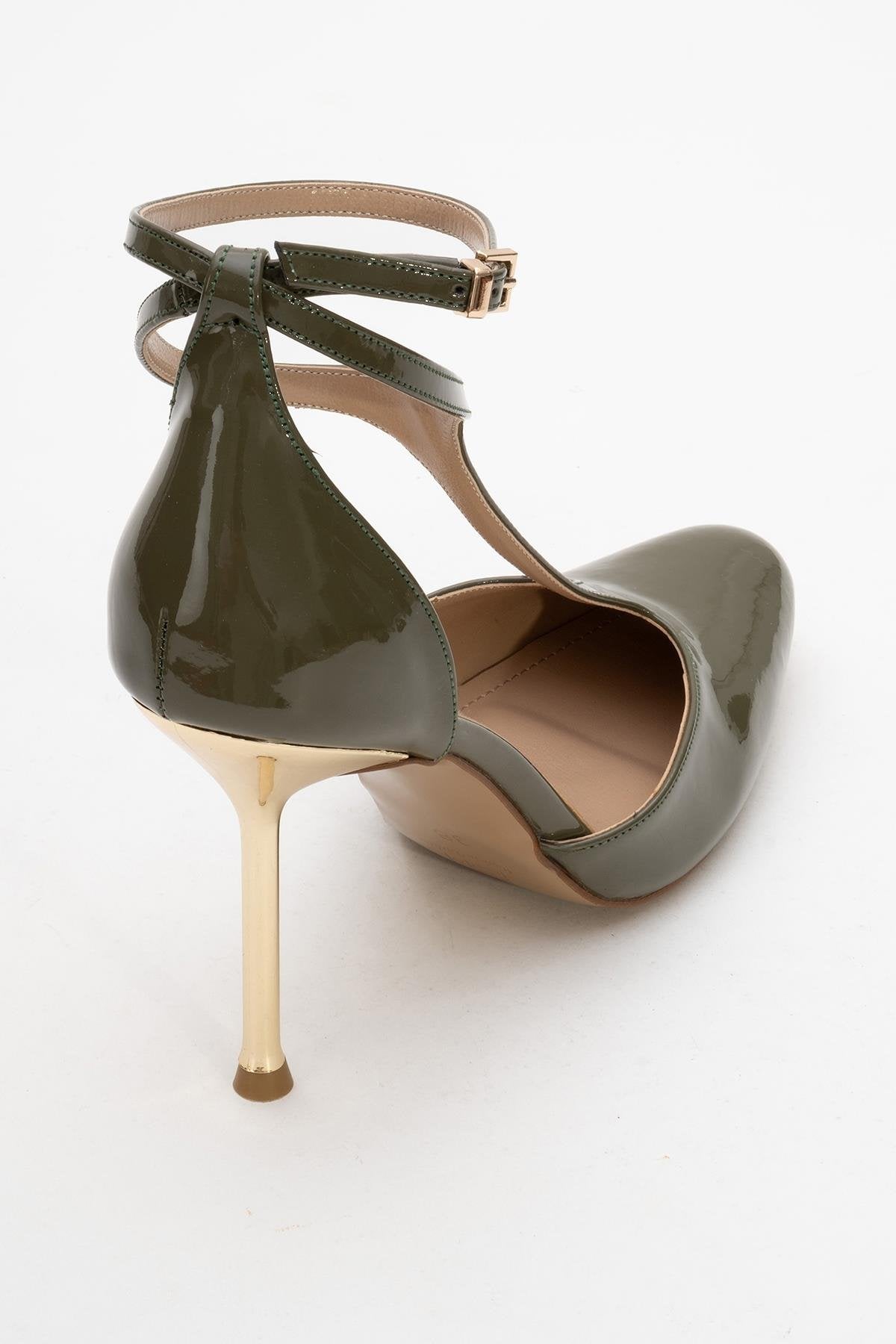 Jon - Khaki Patent Stiletto Pump – back view showing leather, Vowalisse