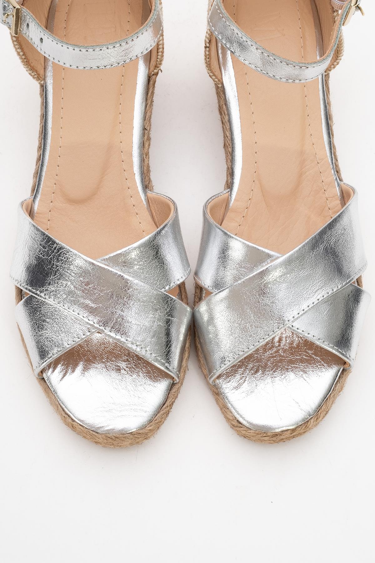 Miria - Silver Leather Platform Espadrille – side view showing leather, silver, Vowalisse