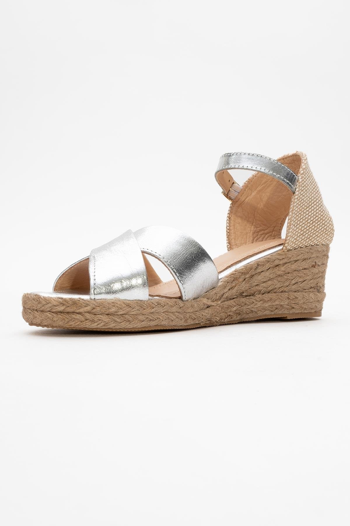 Miria - Silver Leather Platform Espadrille – heel view showing leather, silver, Vowalisse