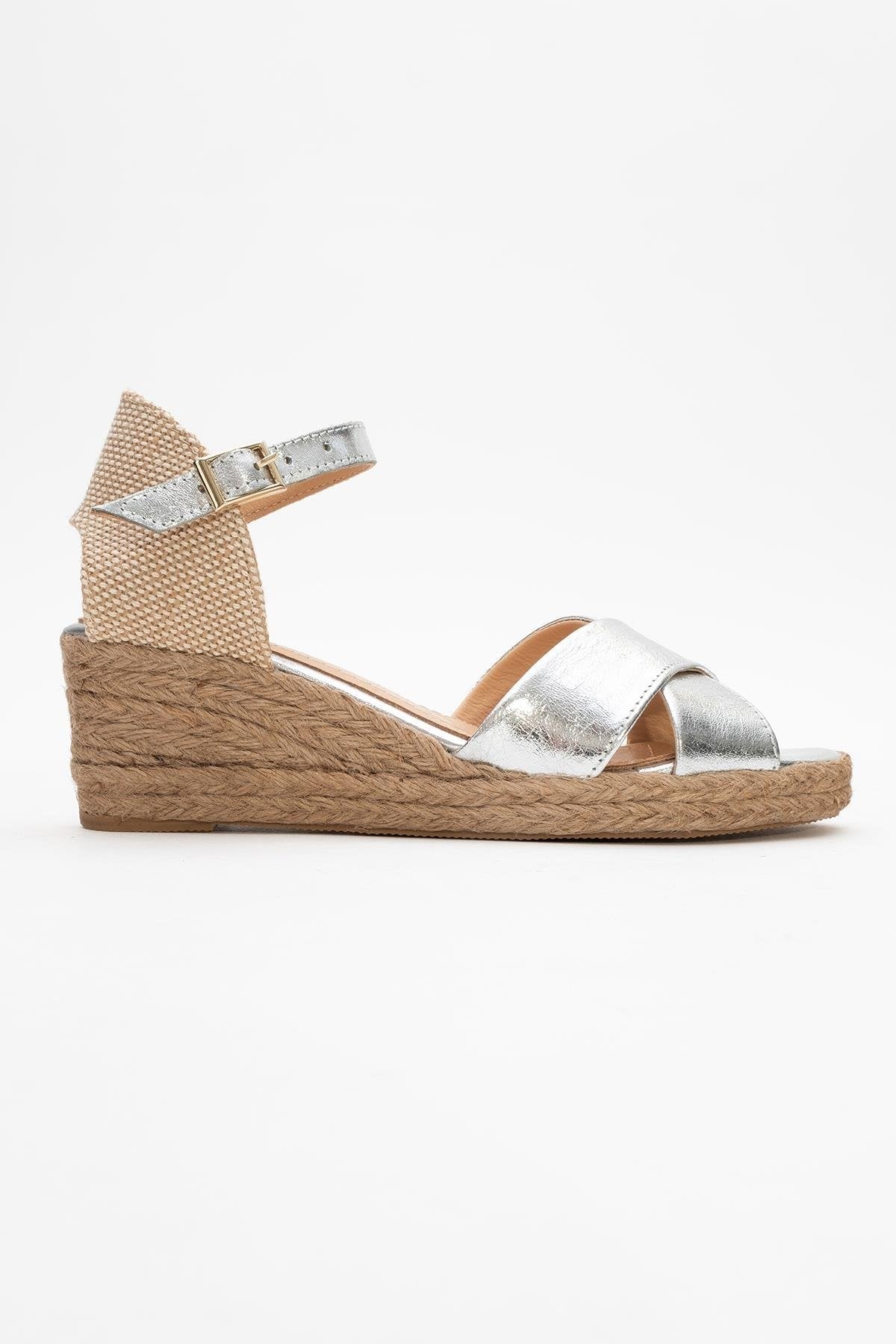 Miria - Silver Leather Platform Espadrille – top view showing leather, silver, Vowalisse