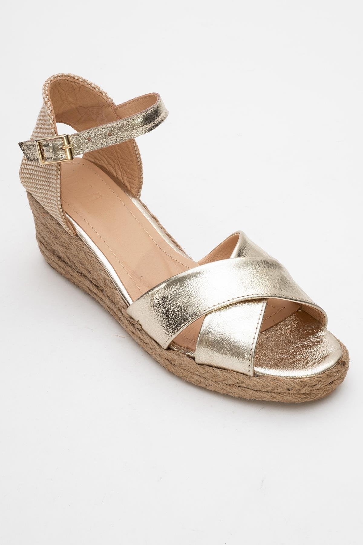 Miria - Gold Leather Platform Espadrille – detail view showing leather, gold, Vowalisse