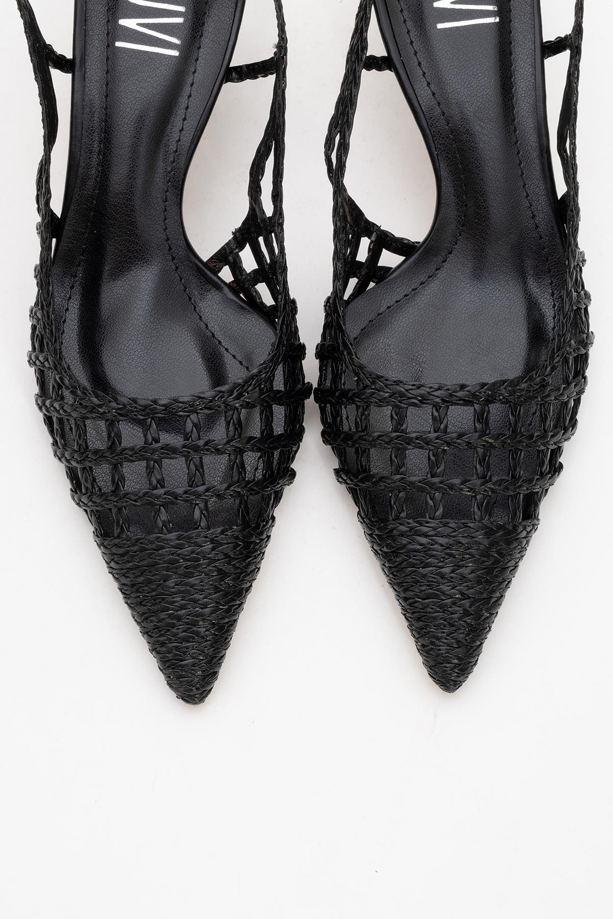 Heaven - Black Knitted Open-Back Slingback Low Heel Shoe – side view showing leather, black, Vowalisse