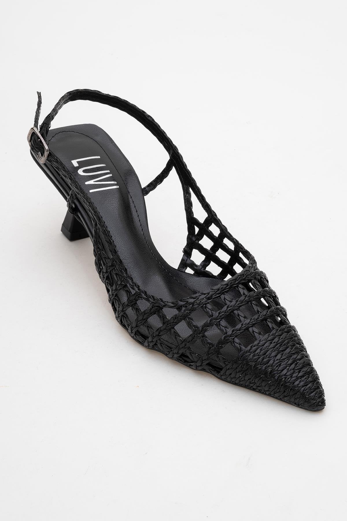 Heaven - Black Knitted Open-Back Slingback Low Heel Shoe – detail view showing leather, black, Vowalisse