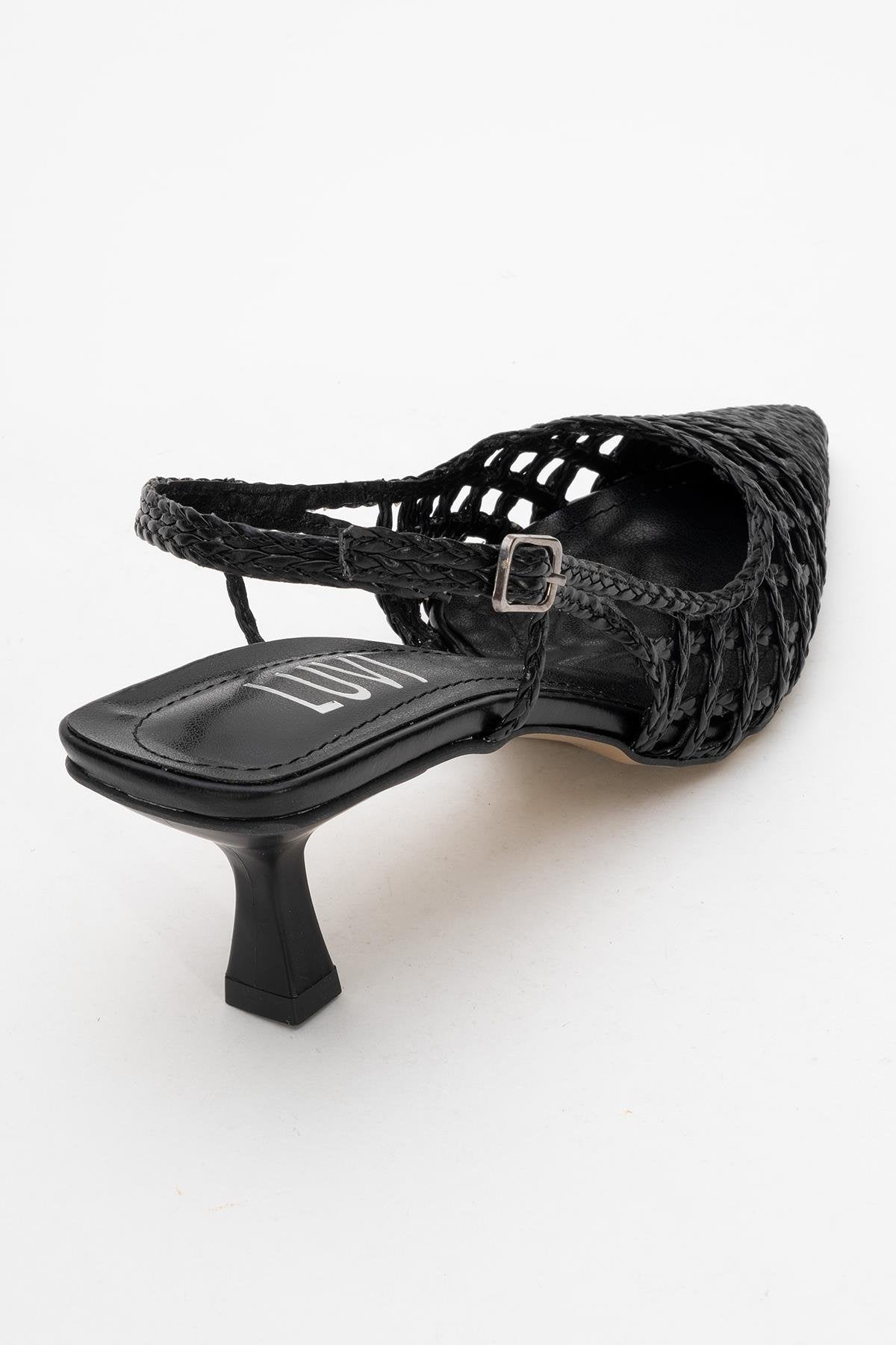 Heaven - Black Knitted Open-Back Slingback Low Heel Shoe – back view showing leather, black, Vowalisse