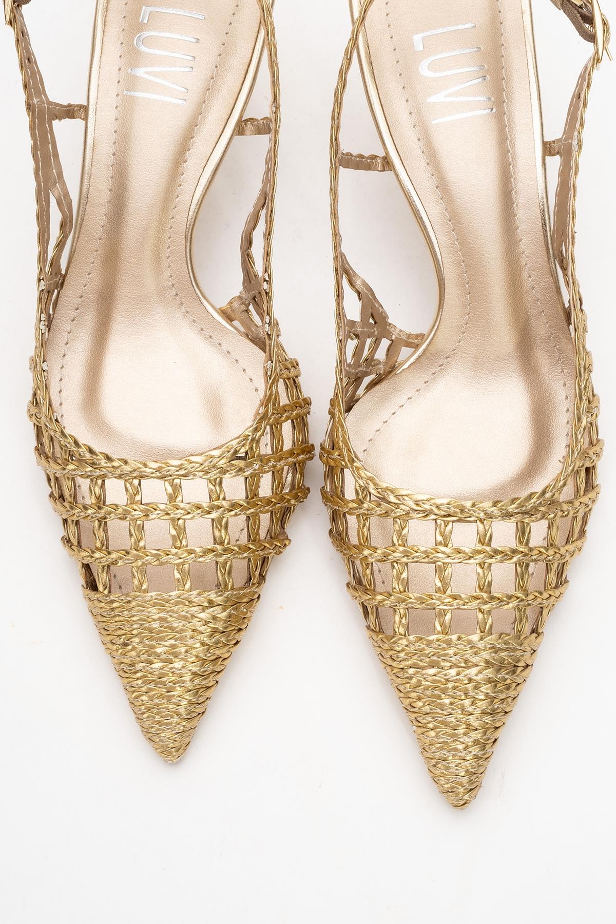 Heaven - Gold Knitted Open-Back Slingback Low Heel Shoe – side view showing leather, gold, Vowalisse