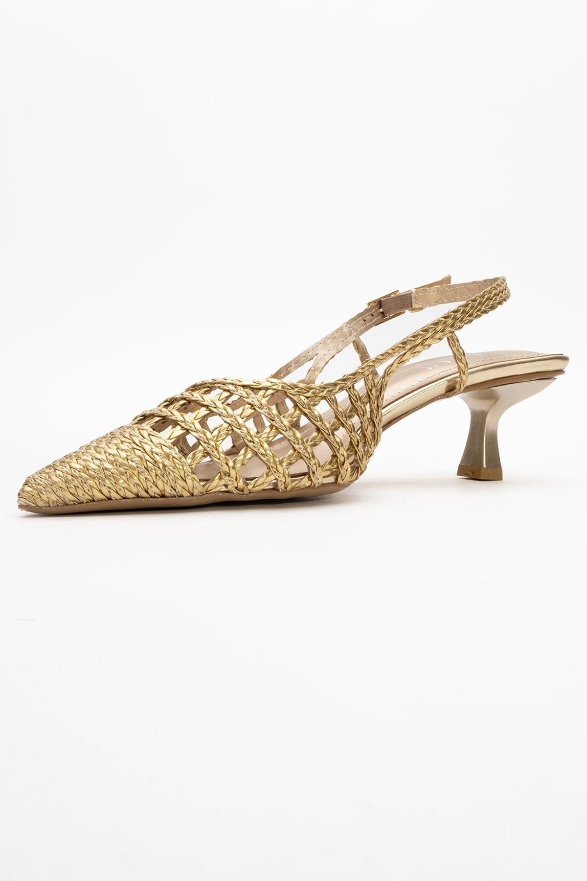 Heaven - Gold Knitted Open-Back Slingback Low Heel Shoe – heel view showing leather, gold, Vowalisse