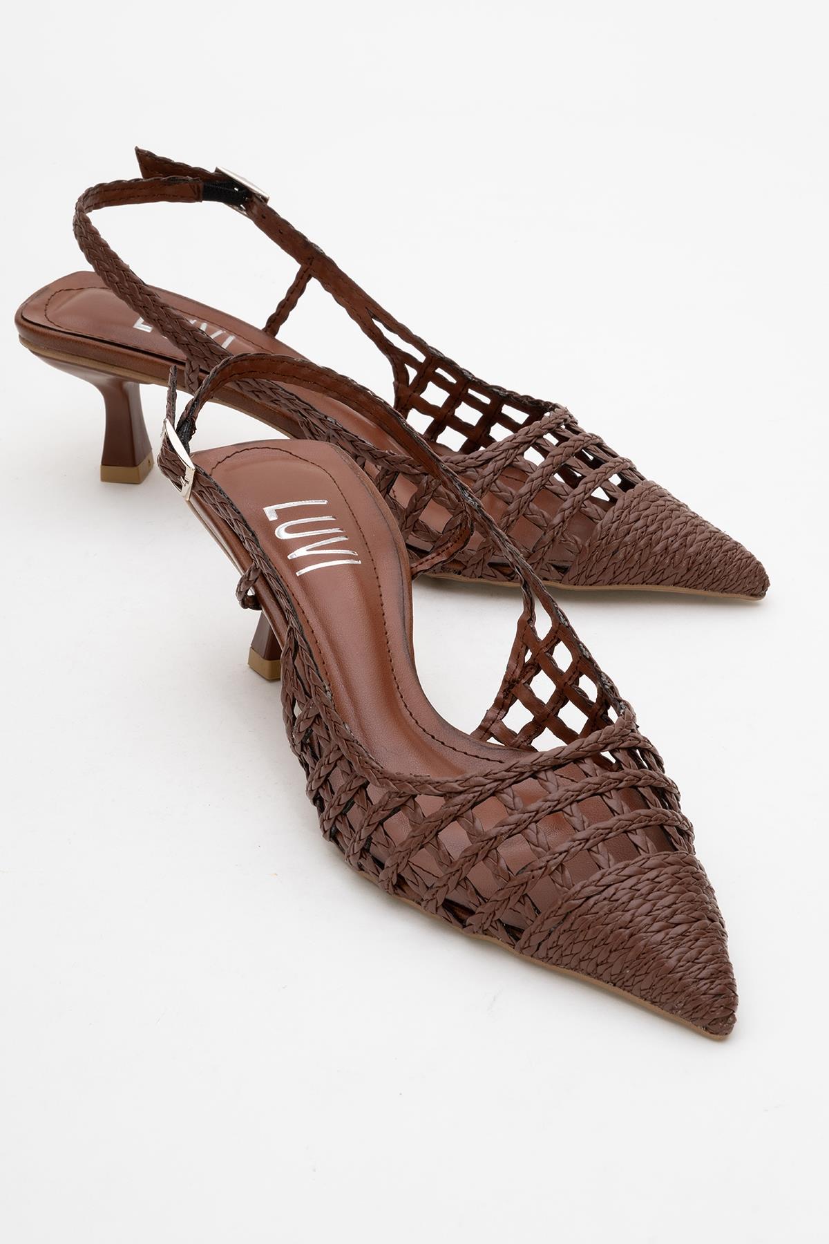 Heaven - Dark Cognac Open Back Low Heel Pump – front three-quarter view showing leather, Vowalisse
