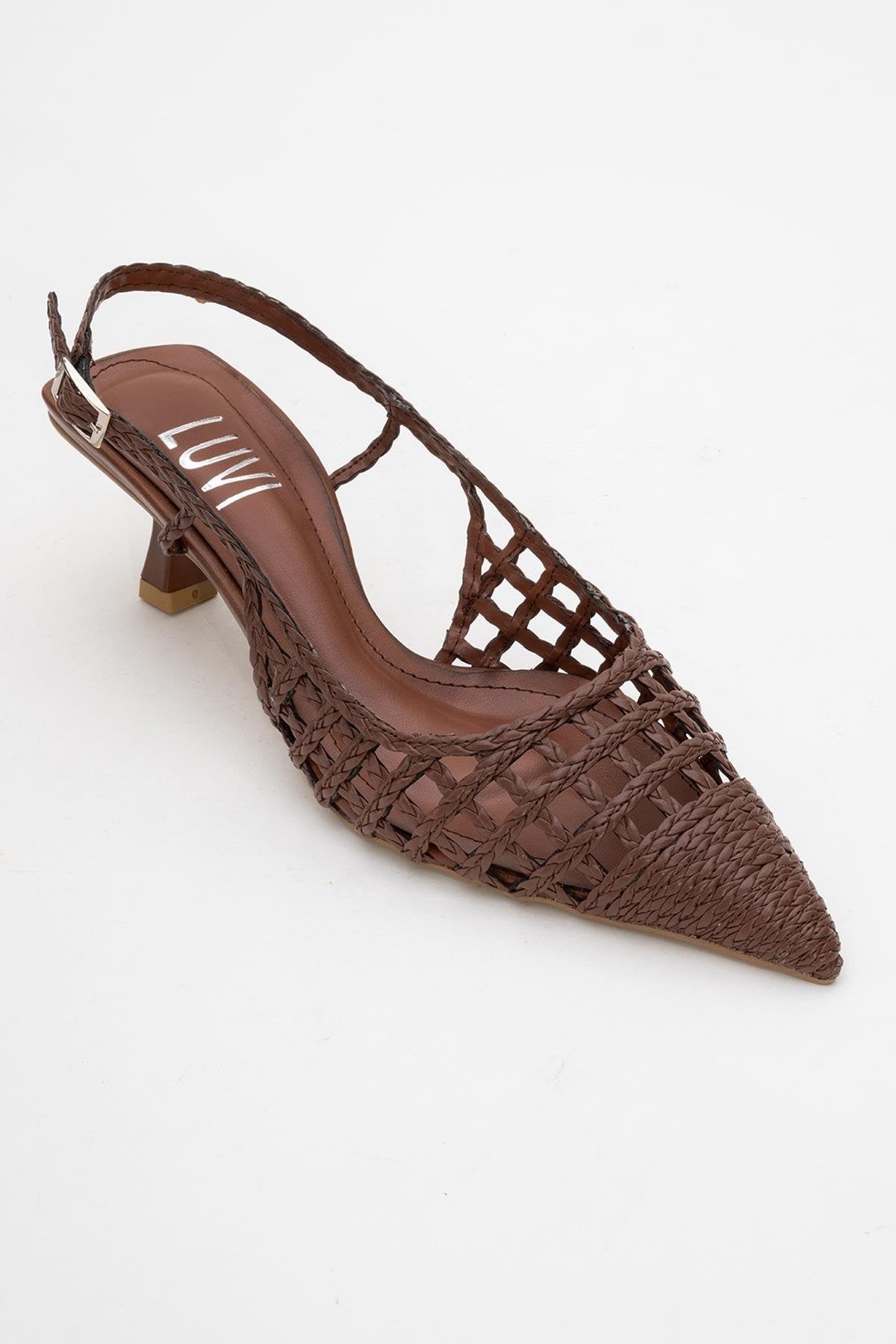 Heaven - Dark Cognac Open Back Low Heel Pump – detail view showing leather, Vowalisse