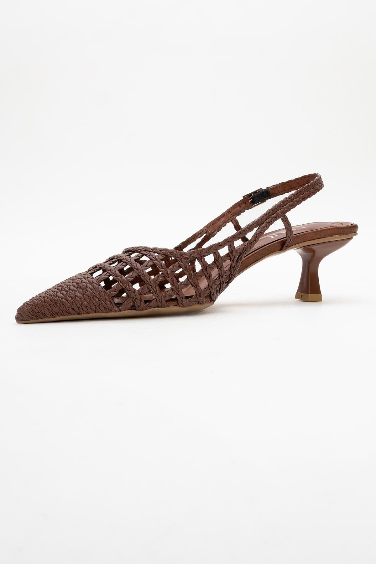 Heaven - Dark Cognac Open Back Low Heel Pump – heel view showing leather, Vowalisse