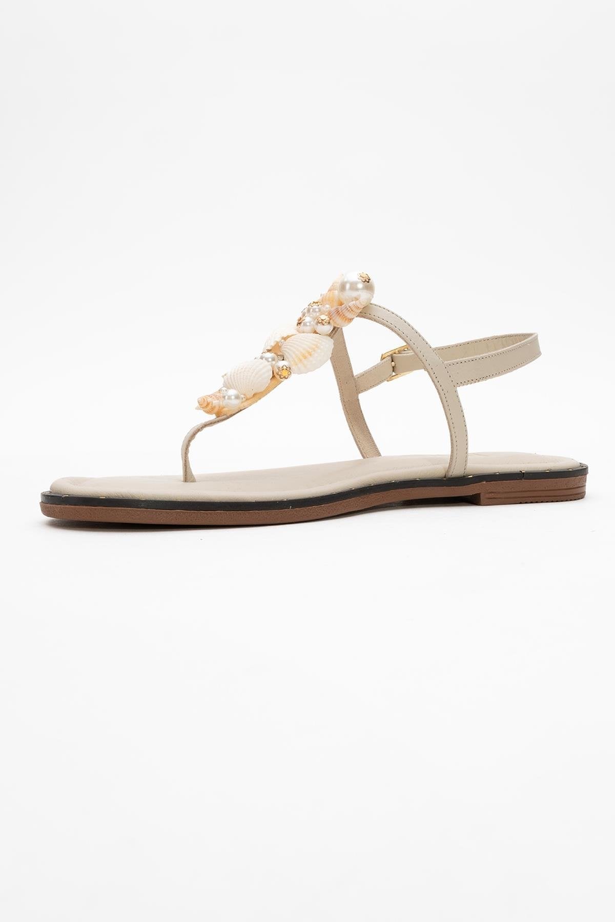 JOE Beige Leather Thong Sandal – heel view showing leather, Vowalisse