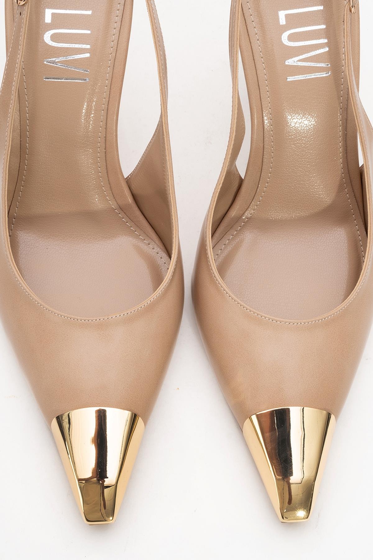 Flare - Beige Pointed Toe Stiletto Pump – side view showing leather, Vowalisse