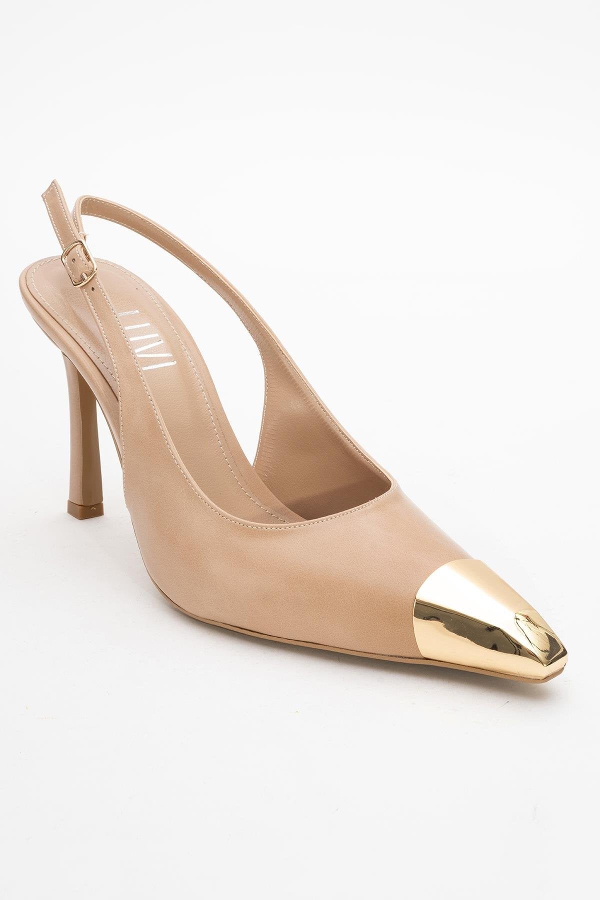 Flare - Beige Pointed Toe Stiletto Pump – detail view showing leather, Vowalisse