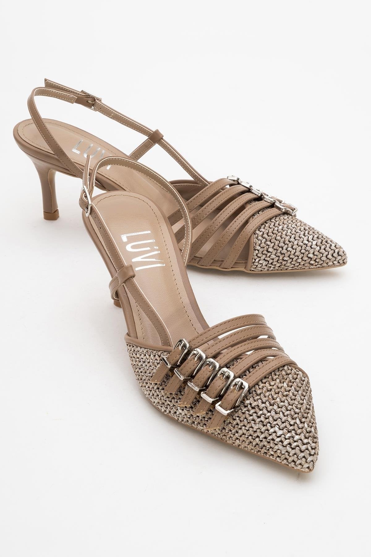Zenith - Dark Beige Slingback Pointed Toe Heel – front three-quarter view showing leather, Vowalisse