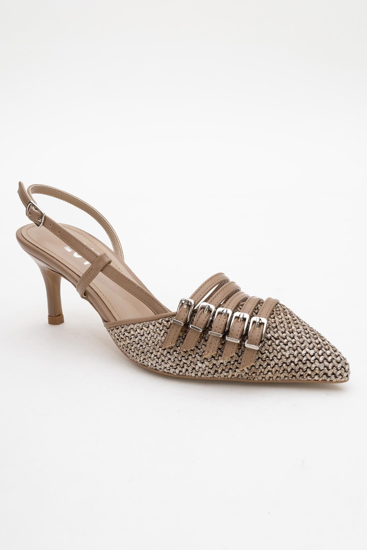 Zenith - Dark Beige Slingback Pointed Toe Heel – detail view showing leather, Vowalisse