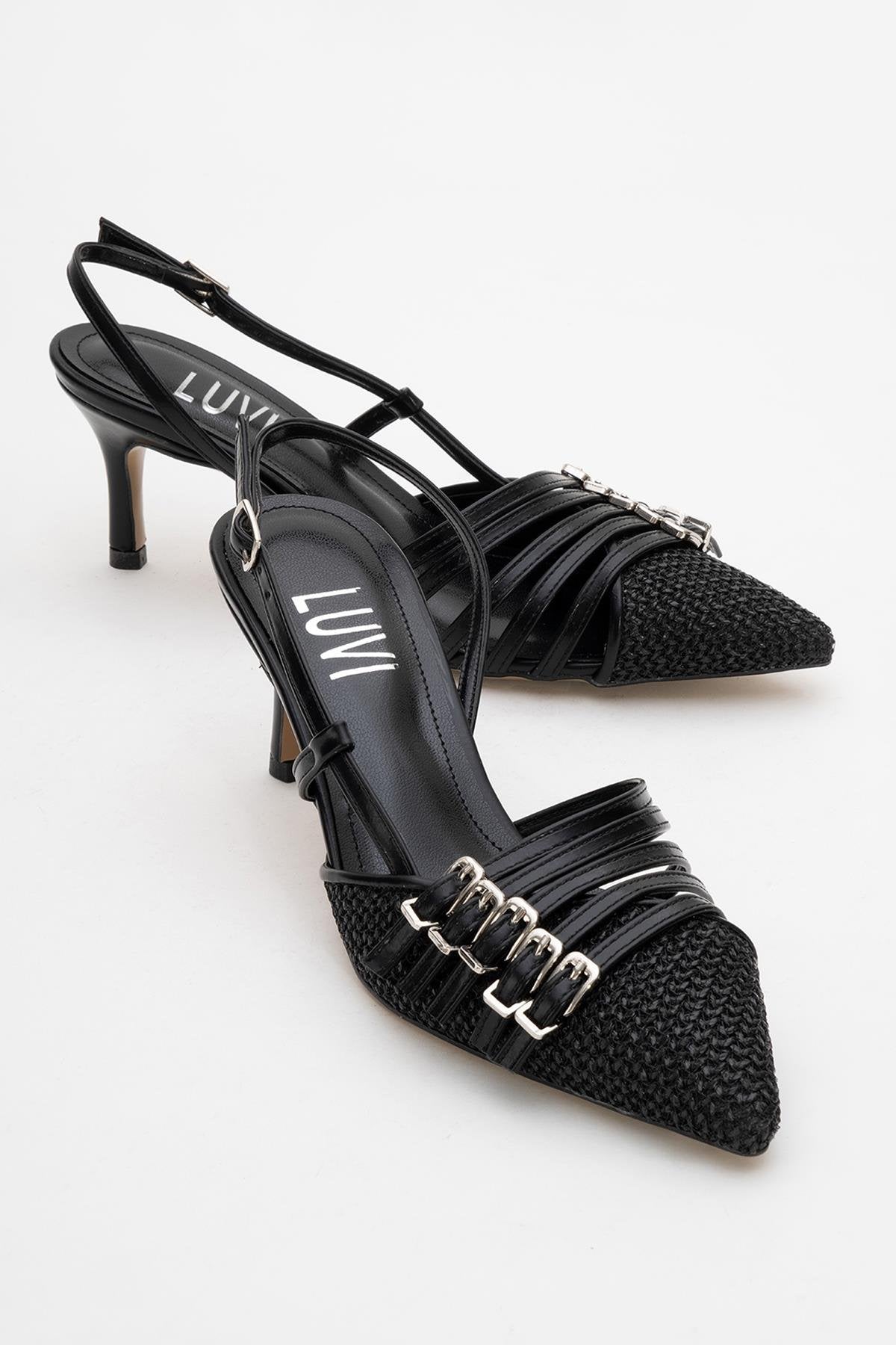 Zenith - Black Slingback Pointed Toe Heel – front three-quarter view showing leather, black, Vowalisse