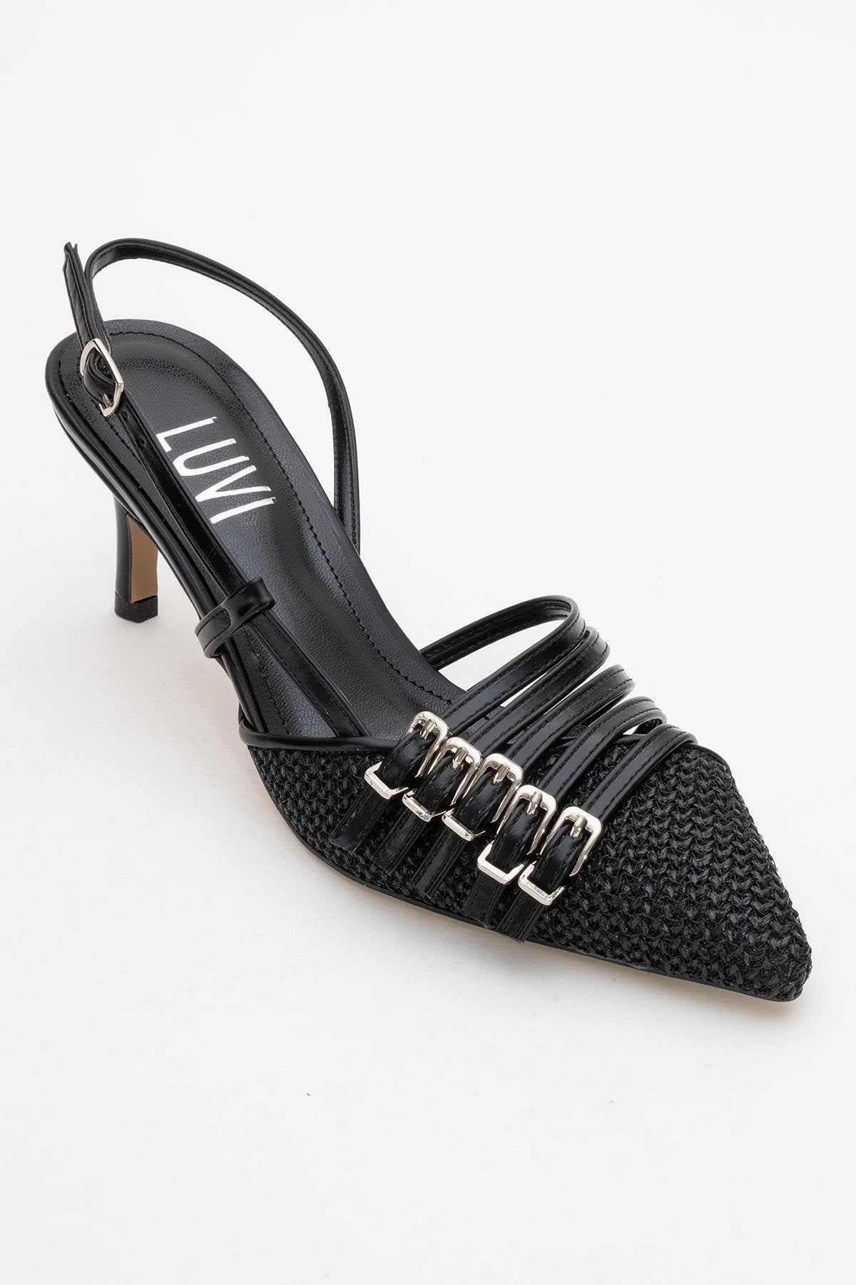 Zenith - Black Slingback Pointed Toe Heel – detail view showing leather, black, Vowalisse