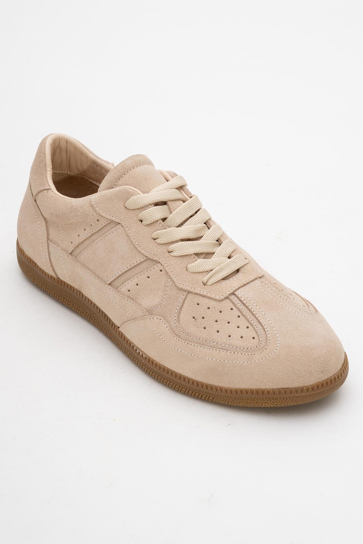 Aurel - Beige Suede Leather Sneakers – detail view showing lace, leather, suede, Vowalisse