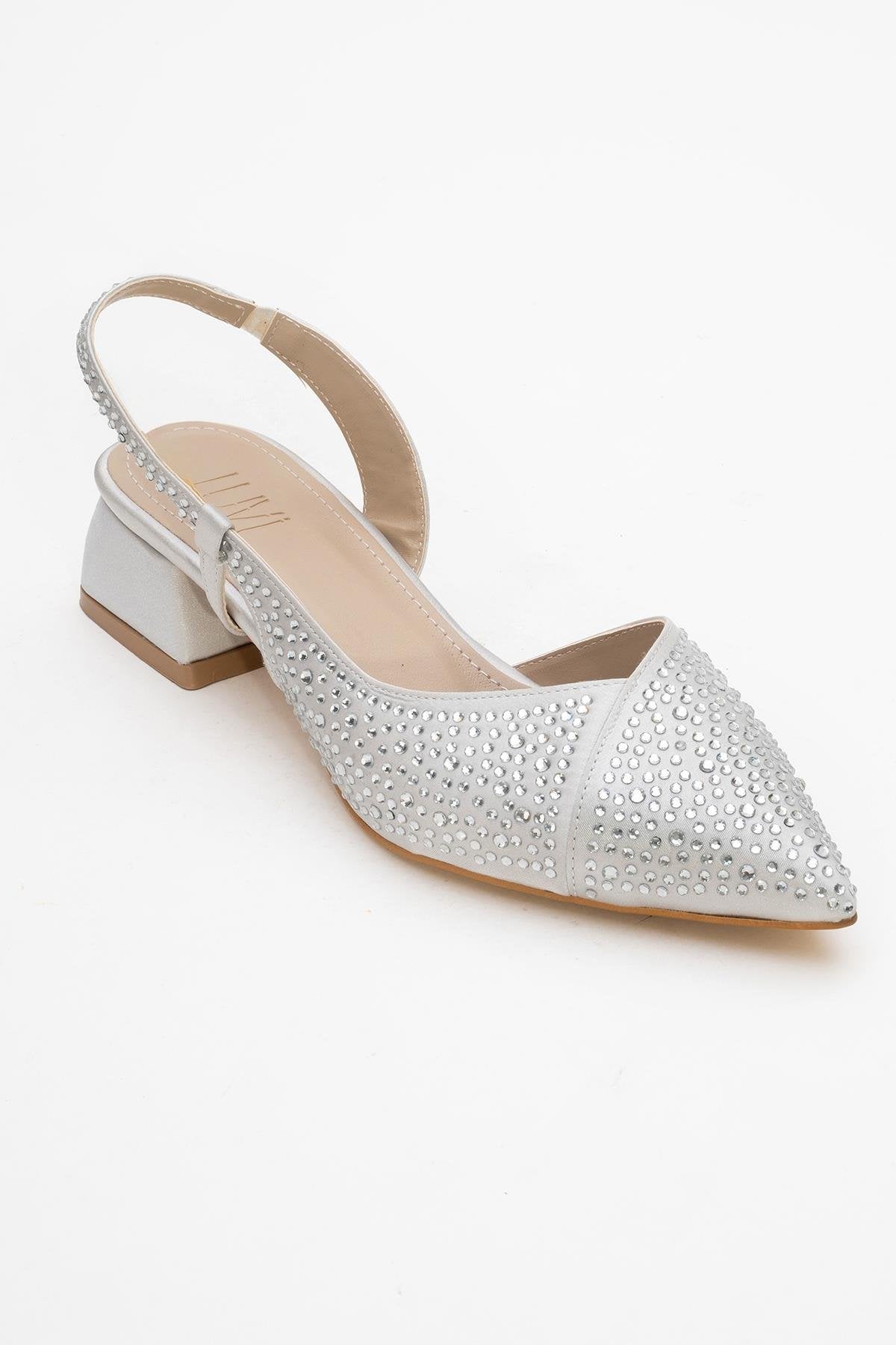 Sella - Silver Jeweled Low Heel Shoe – detail view showing leather, silver, Vowalisse