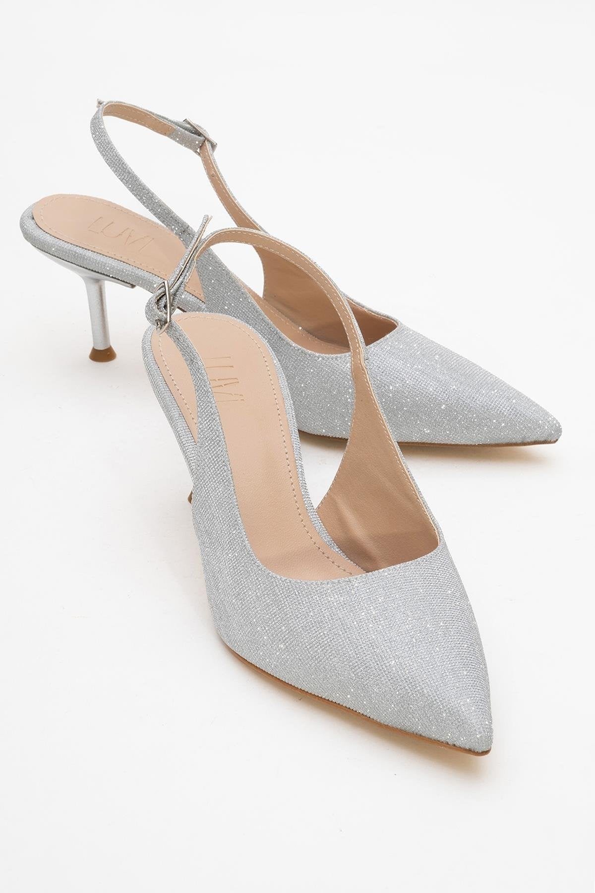 Caisa - Silver Glitter Stiletto Pump – front three-quarter view showing leather, glitter, silver, Vowalisse