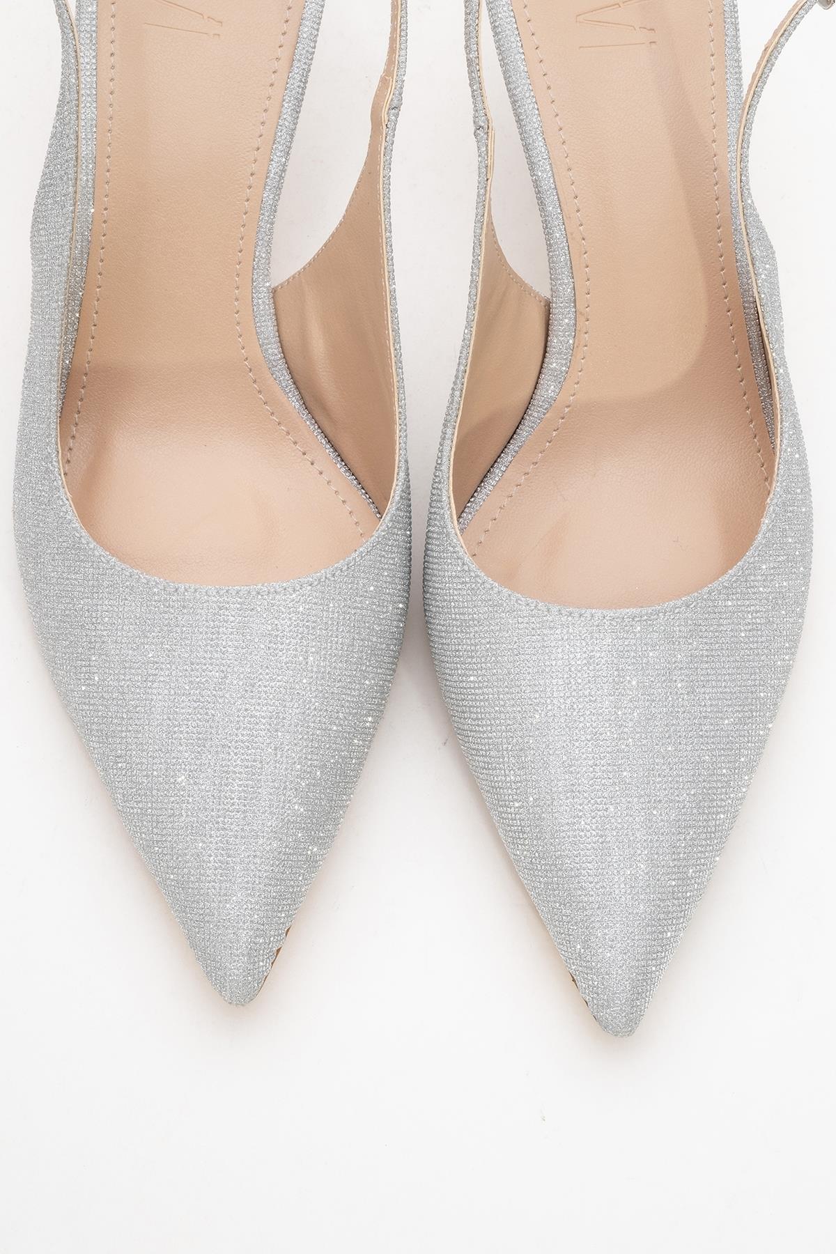 Caisa - Silver Glitter Stiletto Pump – side view showing leather, glitter, silver, Vowalisse