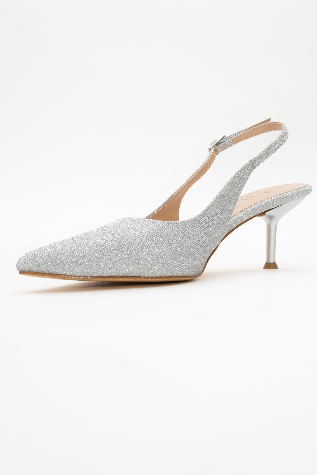 Caisa - Silver Glitter Stiletto Pump – heel view showing leather, glitter, silver, Vowalisse