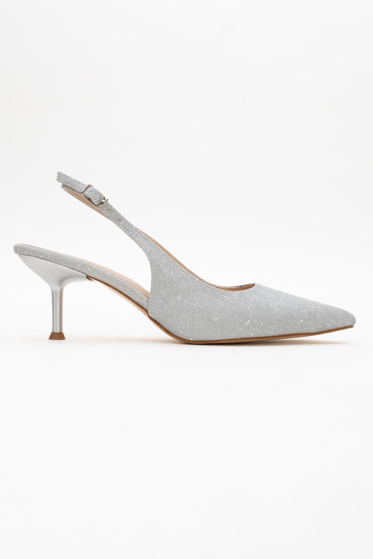 Caisa - Silver Glitter Stiletto Pump – top view showing leather, glitter, silver, Vowalisse