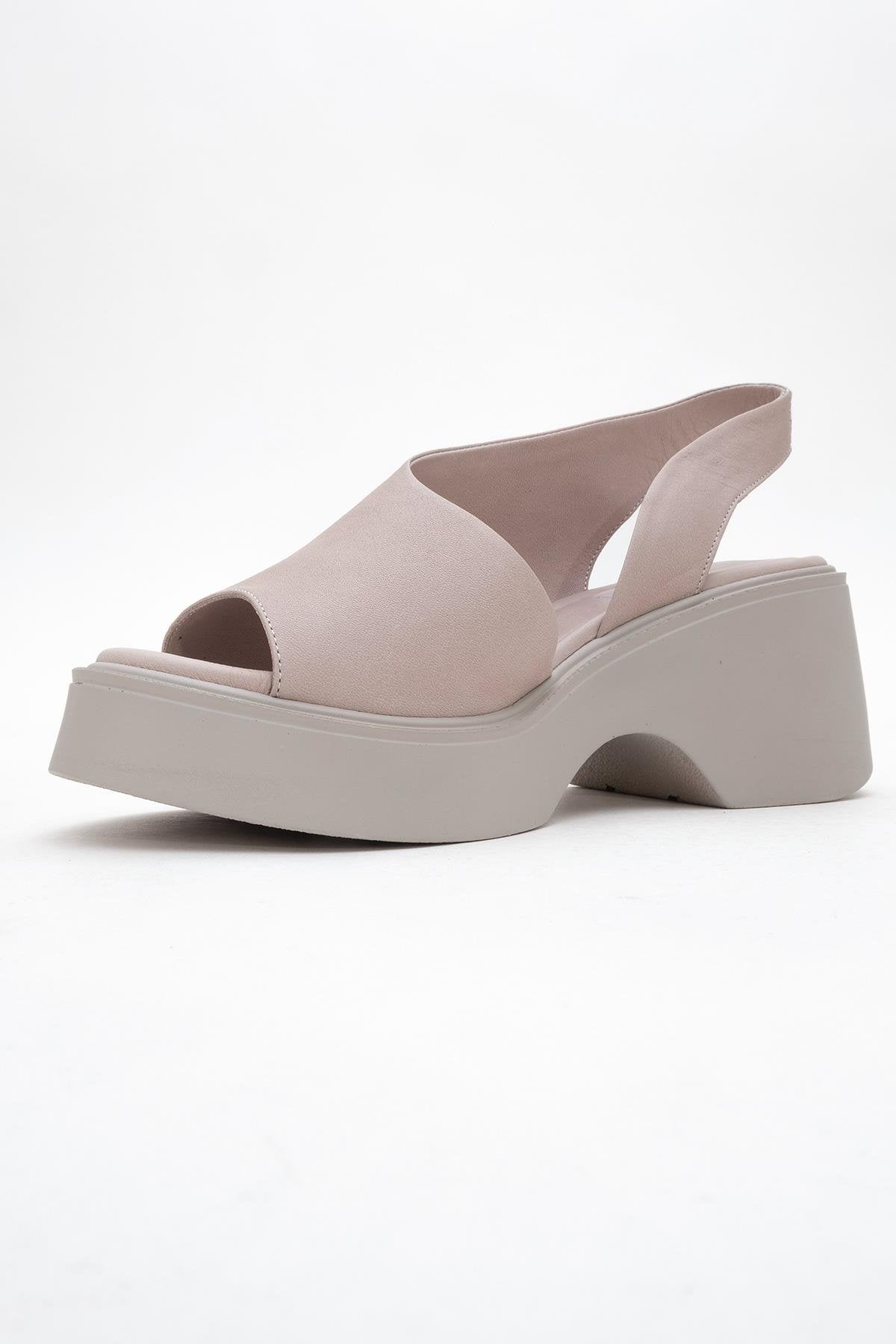 ROY Light Pink Leather Wedge Sandal – heel view showing leather, pink, red, Vowalisse