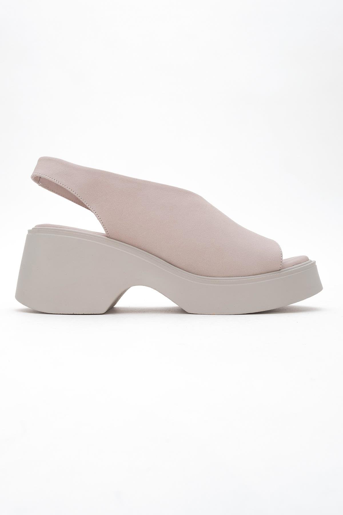 ROY Light Pink Leather Wedge Sandal – top view showing leather, pink, red, Vowalisse