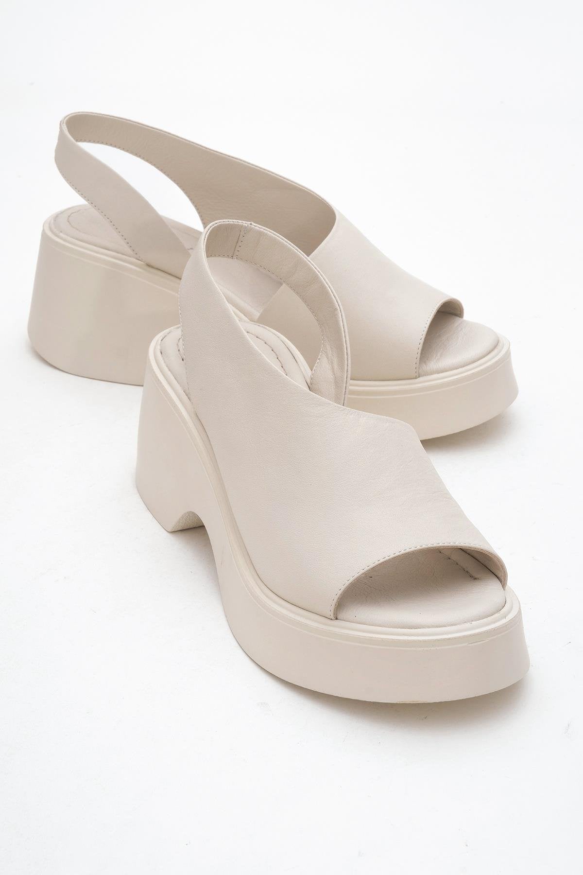 ROY Beige Leather Wedge Sandal – front three-quarter view showing leather, red, Vowalisse