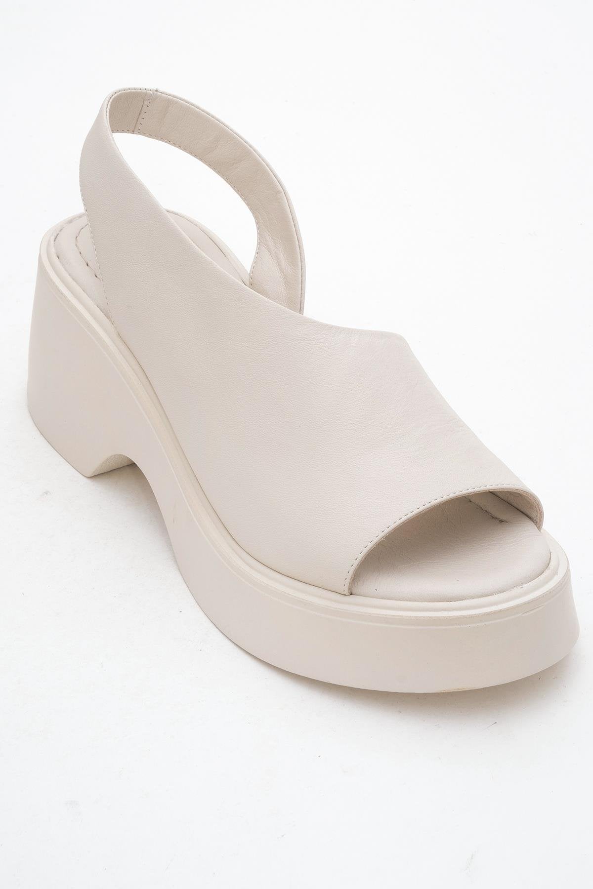 ROY Beige Leather Wedge Sandal – detail view showing leather, red, Vowalisse