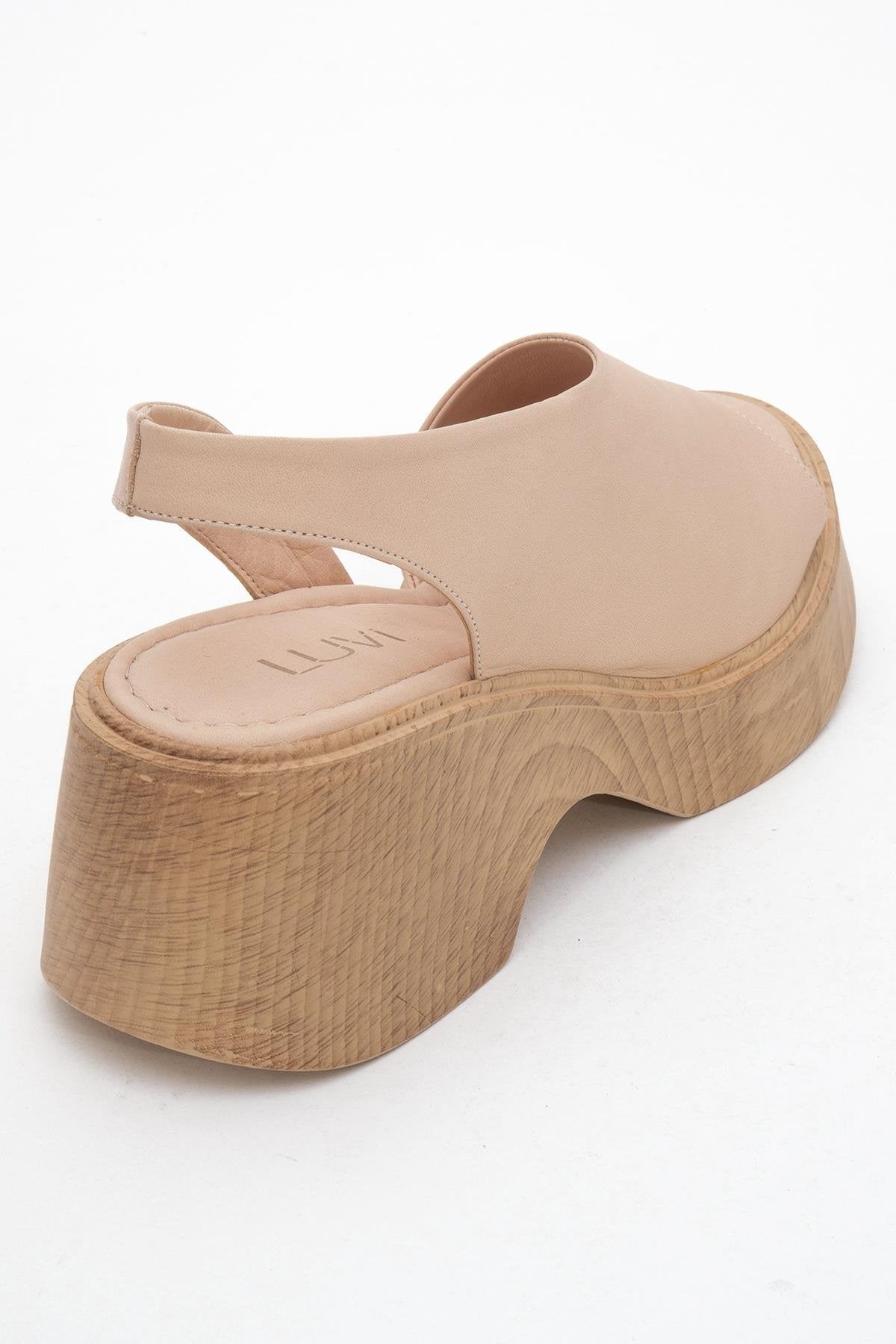 ROY Dark Beige Leather Wedge Sandal – back view showing leather, red, Vowalisse