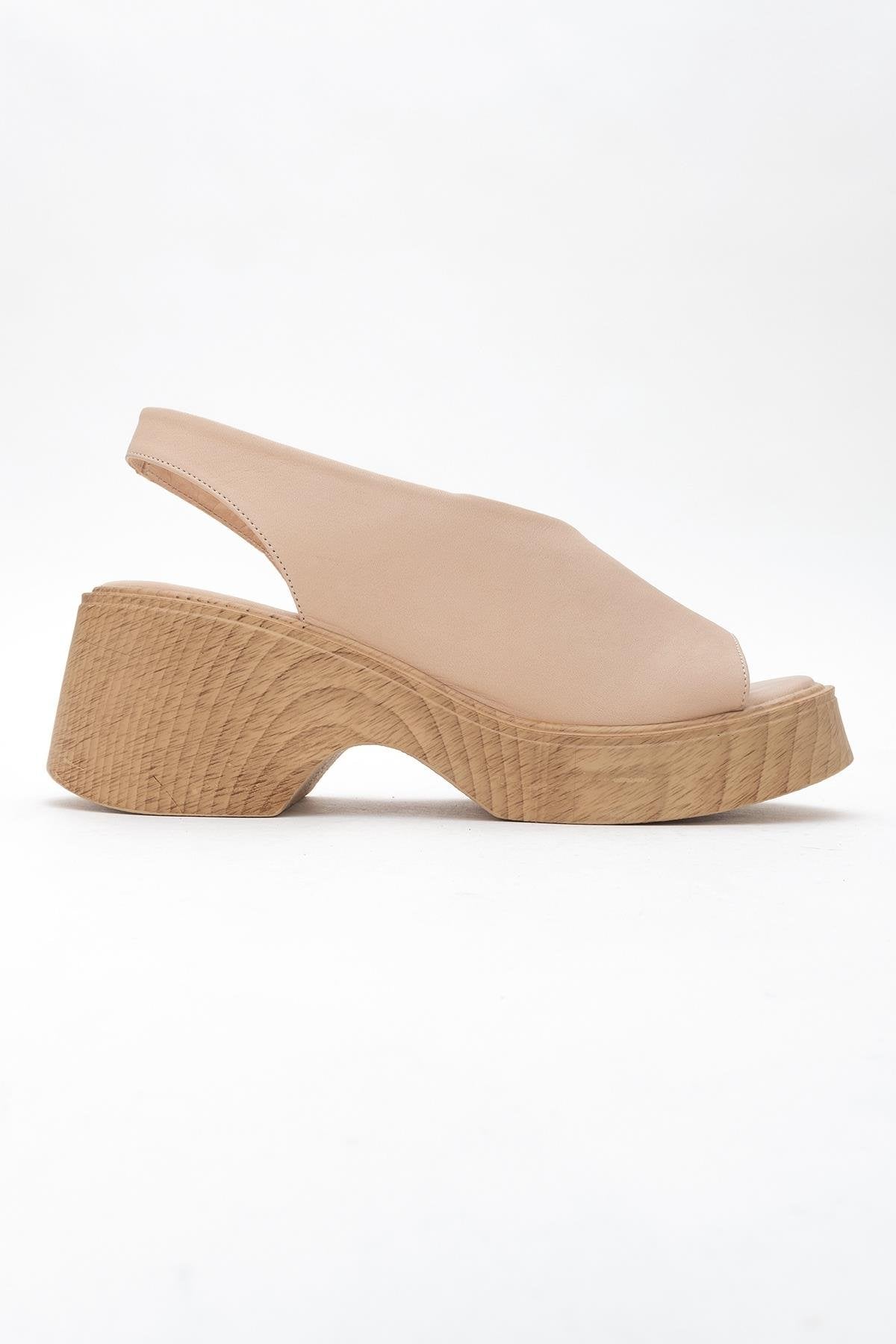 ROY Dark Beige Leather Wedge Sandal – top view showing leather, red, Vowalisse