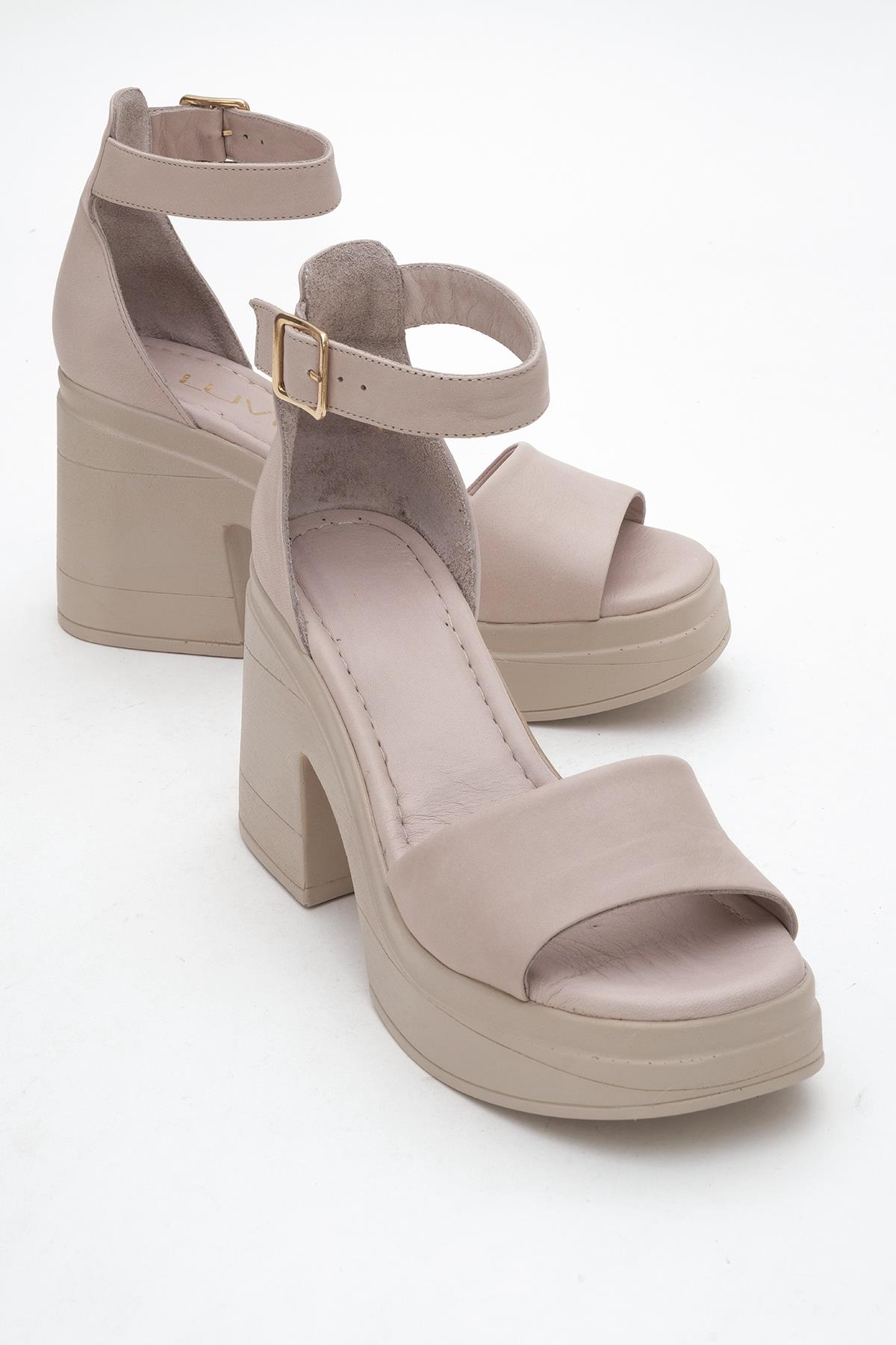 MARGOT Dark Beige Leather Platform Sandal – front three-quarter view showing leather, Vowalisse