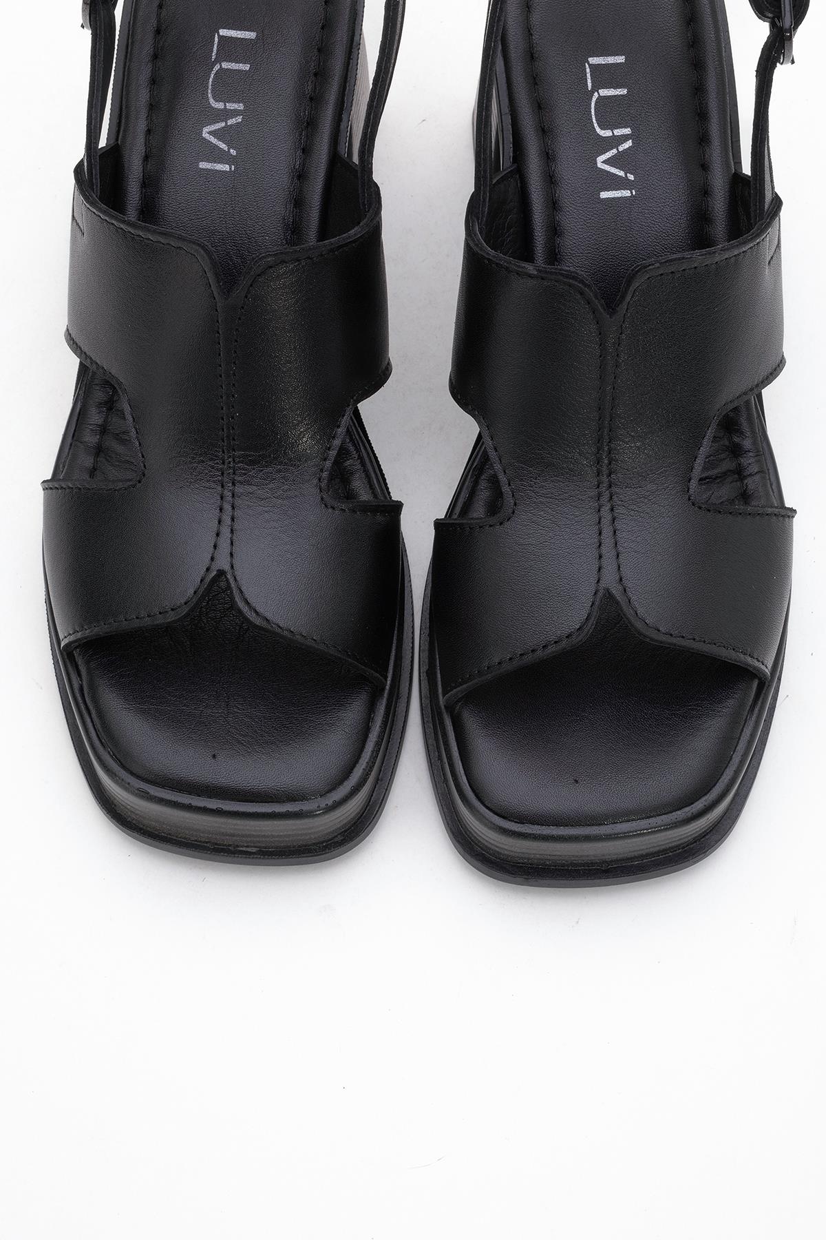 Zennia Black Leather Platform Sandal – side view showing leather, black, Vowalisse