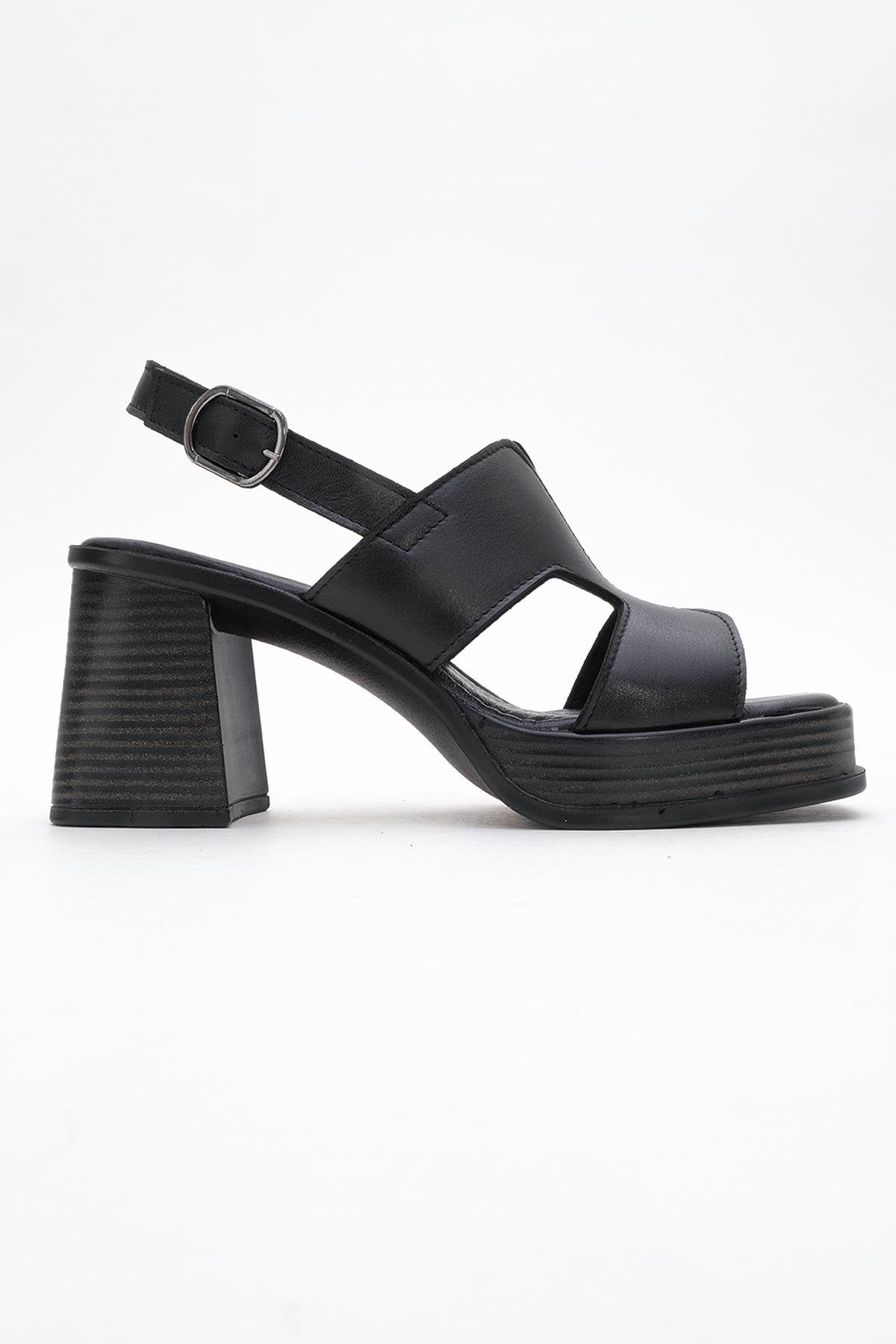 Zennia Black Leather Platform Sandal – top view showing leather, black, Vowalisse