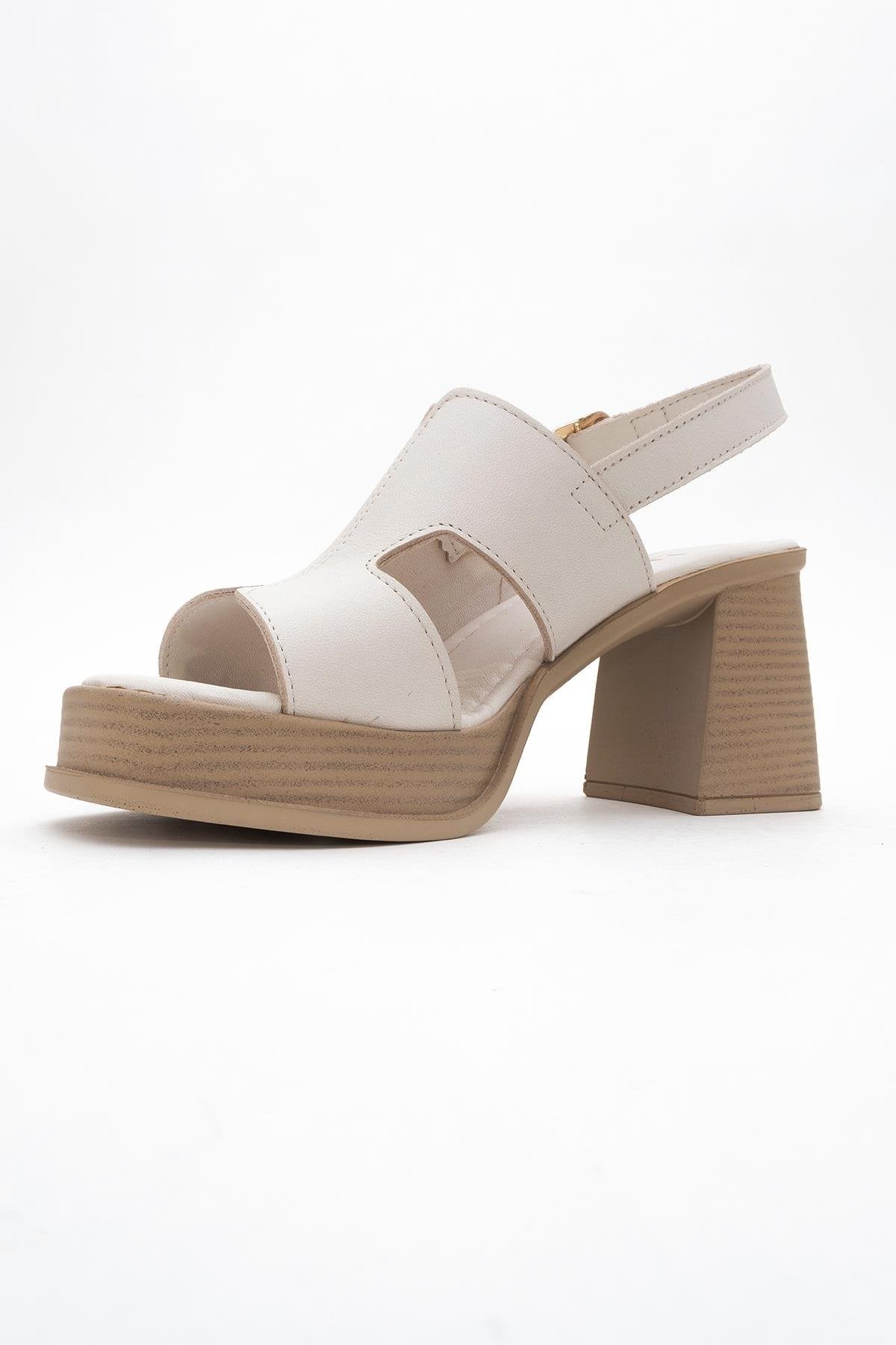Zennia White Leather Platform Sandal – heel view showing leather, white, Vowalisse