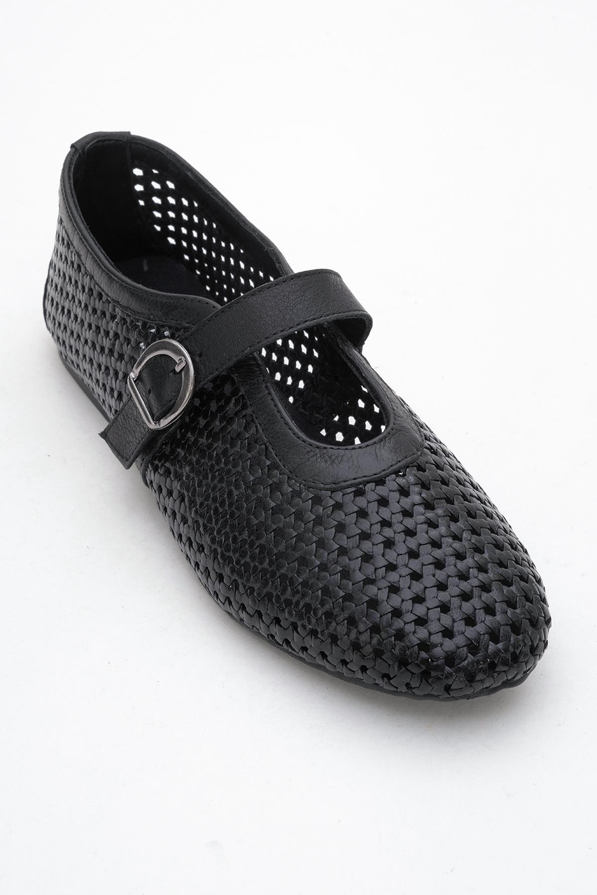 MIRELLA Black Braided Leather Ballet Flats – detail view showing leather, black, Vowalisse