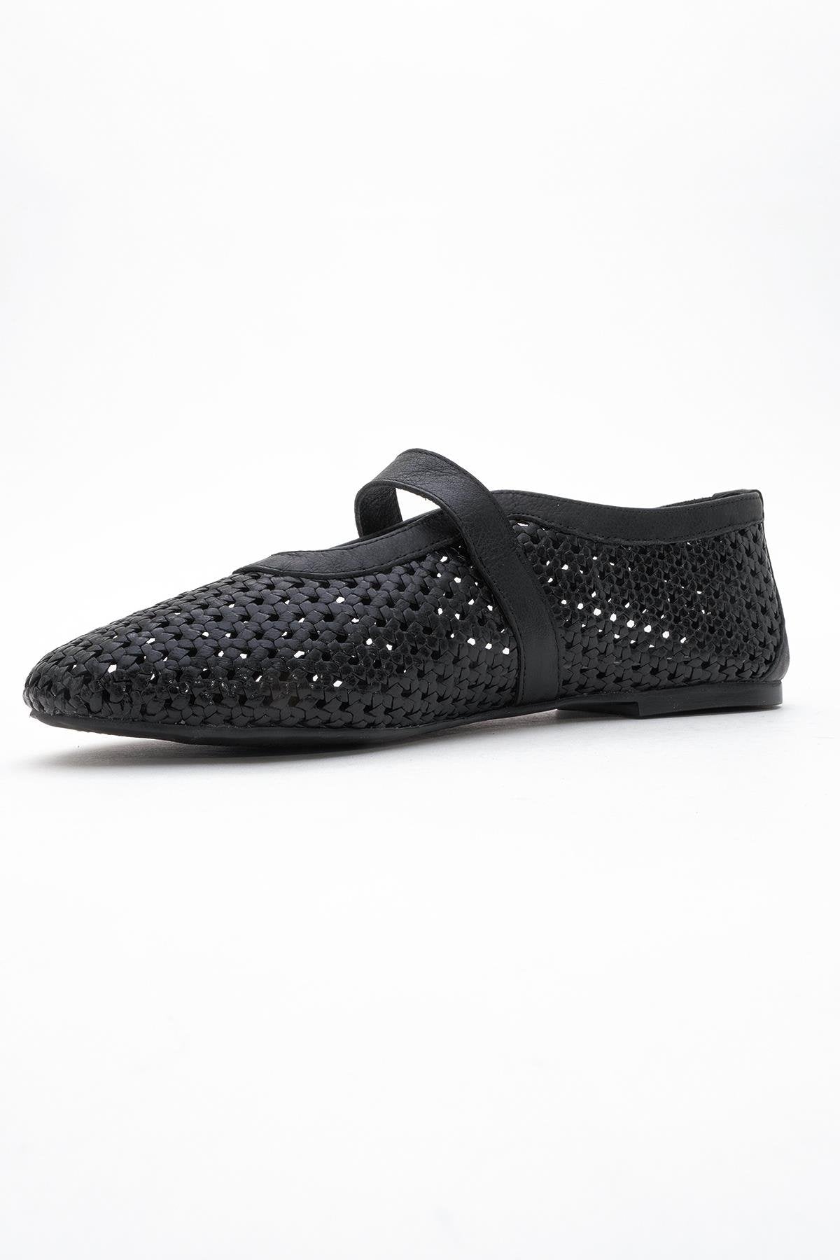 MIRELLA Black Braided Leather Ballet Flats – heel view showing leather, black, Vowalisse