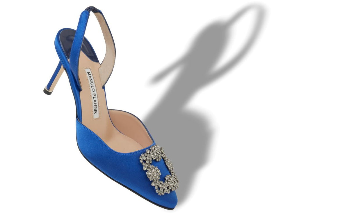 Colette Dream Blue Jewel Buckle Slingbacks – front three-quarter view showing blue jewel buckle, crystal buckle, ankle…