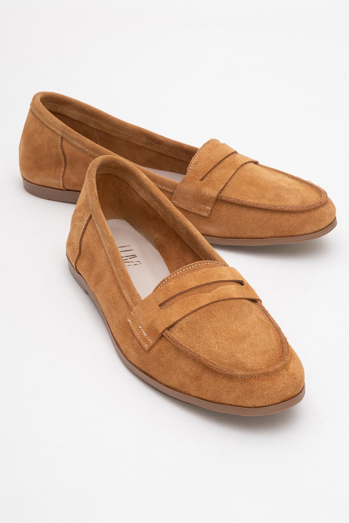 F02 - Cognac Genuine Leather Loafer Shoe – front three-quarter view showing leather, suede, red, Vowalisse