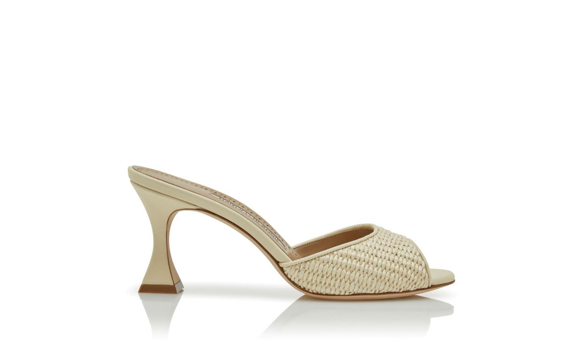 Seraphina Dream Neutral Open Toe Mules – side profile showing neutral open toe, nappa leather, raffia, Vowalisse