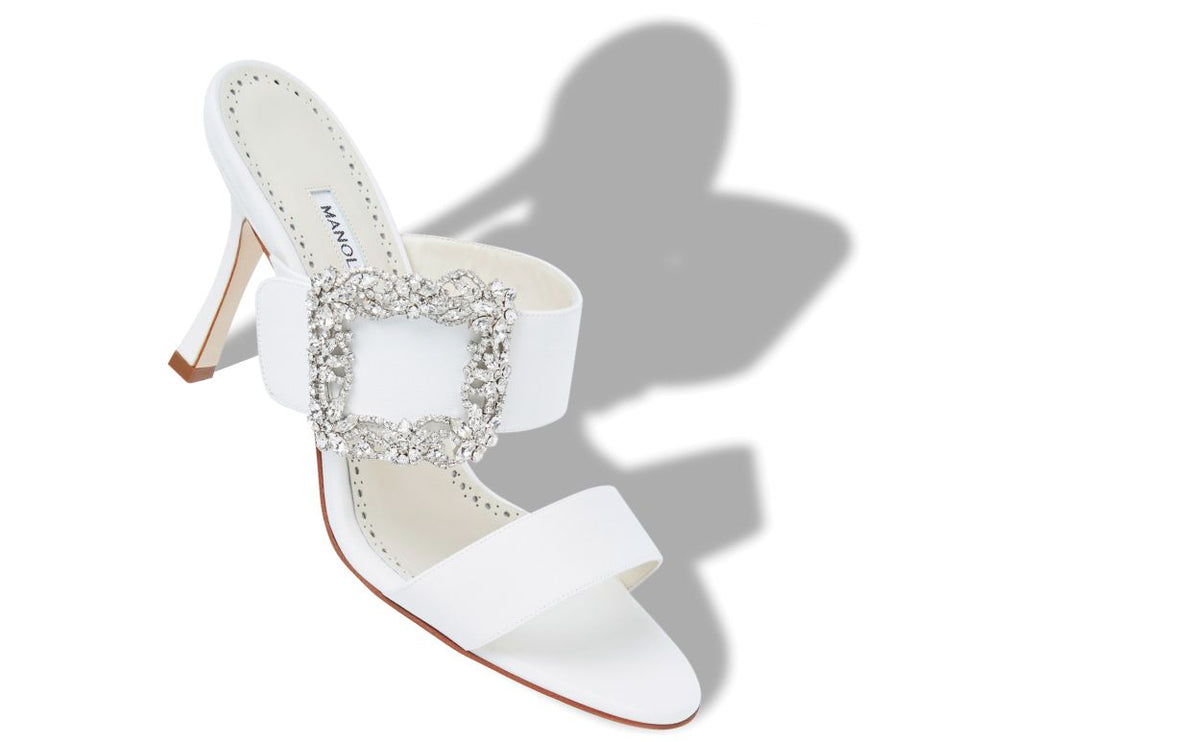 Arabella Flame White Jewel Buckle Mules – front three-quarter view showing white jewel buckle, crystal buckle, open toe…