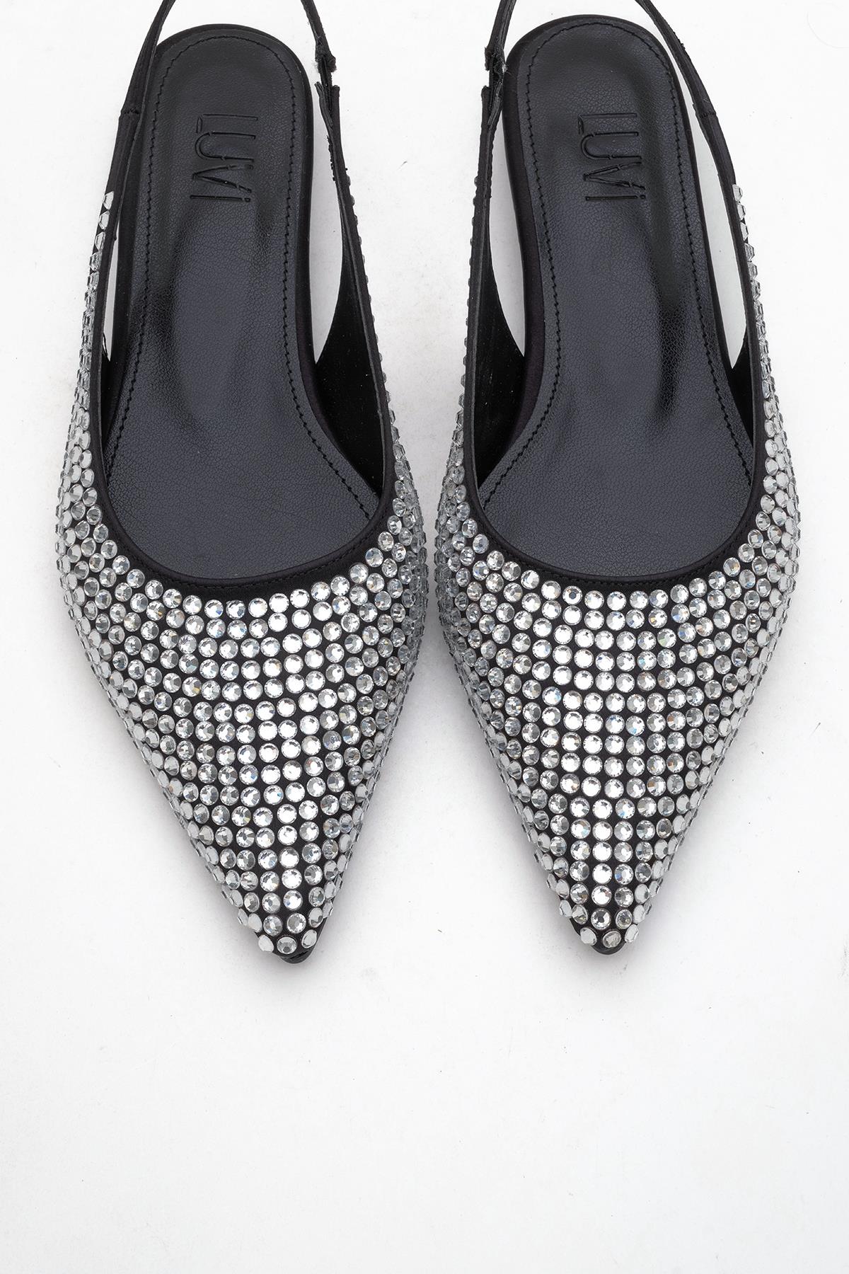 Ida - Black Silver Pointed Toe Slingback Ballerina Flat – side view showing leather, black, silver, Vowalisse