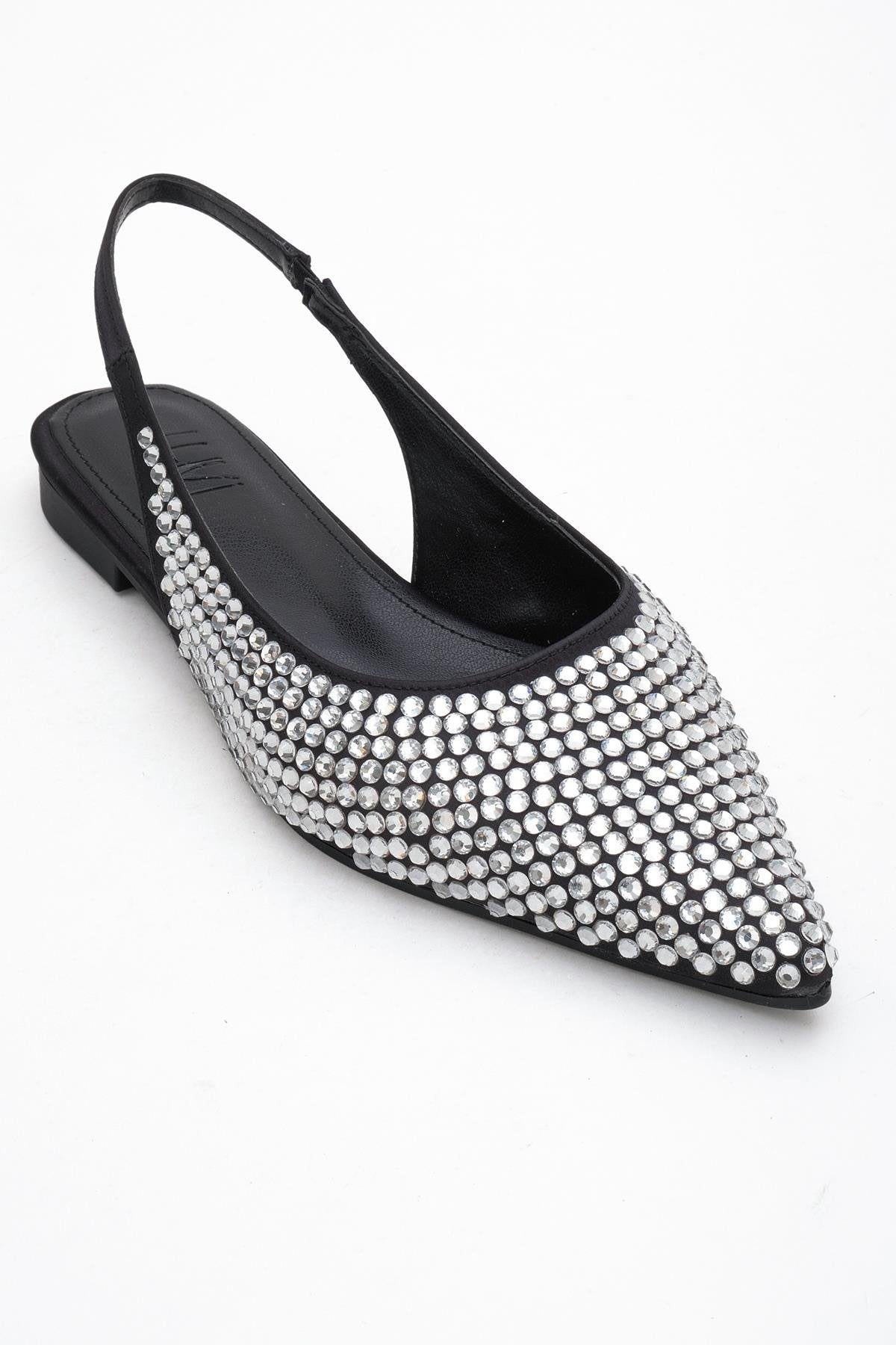 Ida - Black Silver Pointed Toe Slingback Ballerina Flat – detail view showing leather, black, silver, Vowalisse