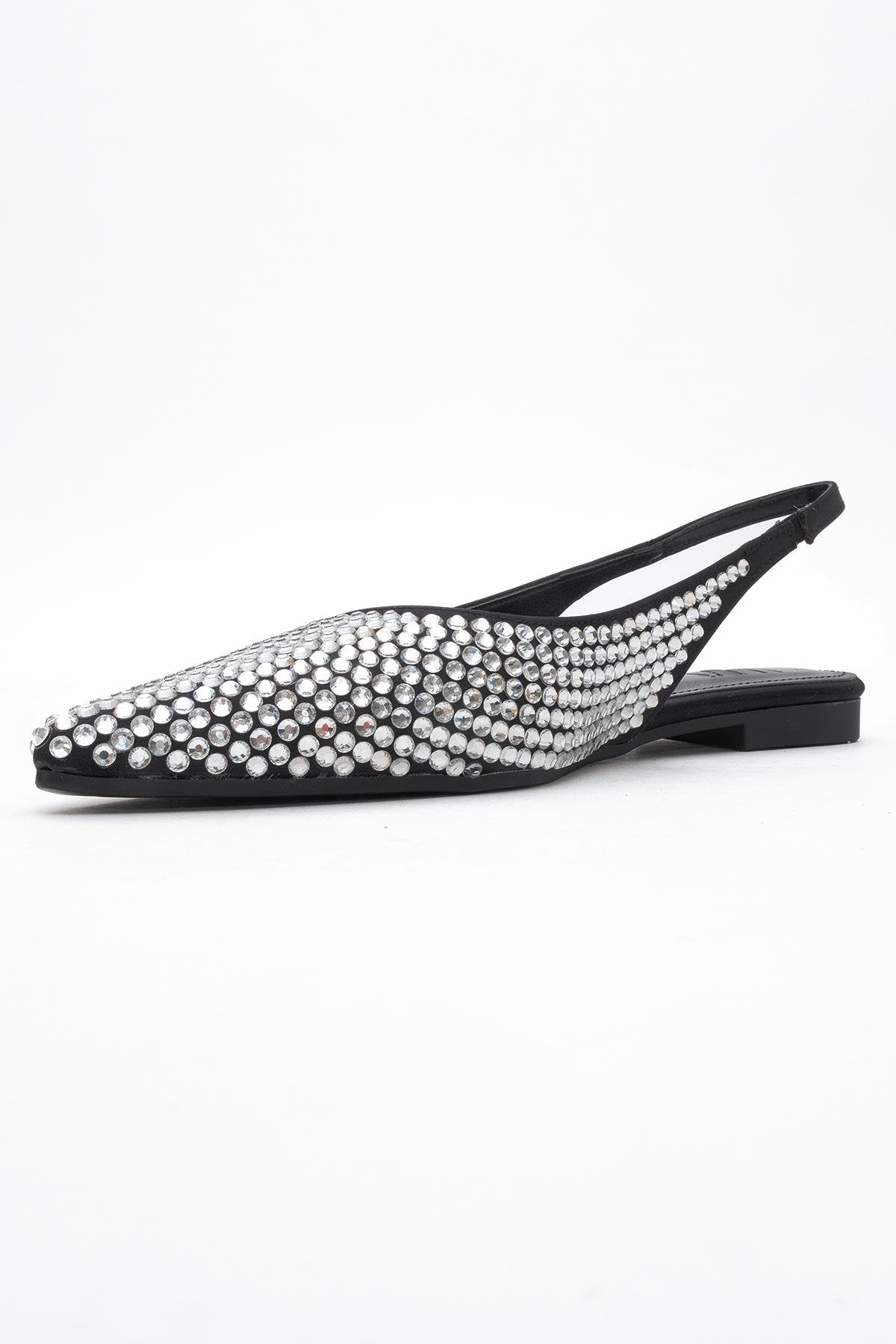 Ida - Black Silver Pointed Toe Slingback Ballerina Flat – heel view showing leather, black, silver, Vowalisse