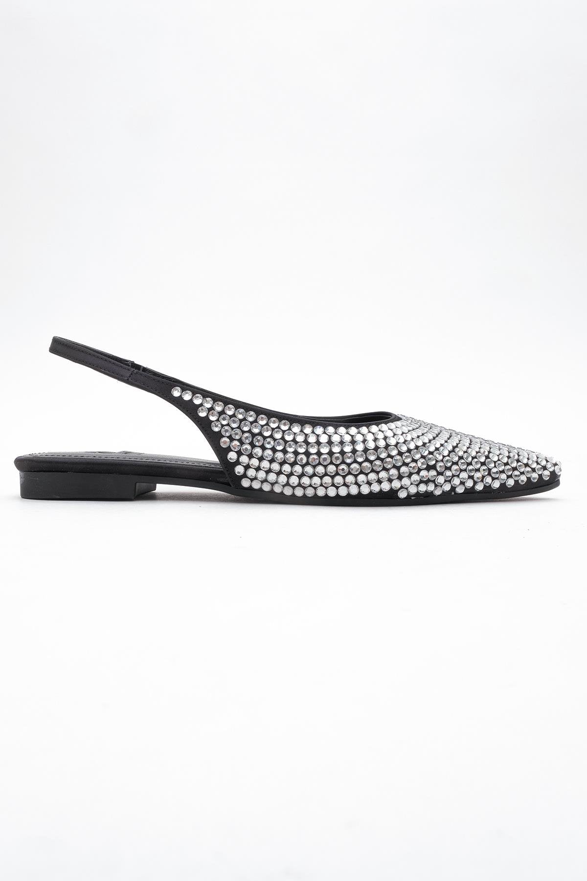 Ida - Black Silver Pointed Toe Slingback Ballerina Flat – top view showing leather, black, silver, Vowalisse